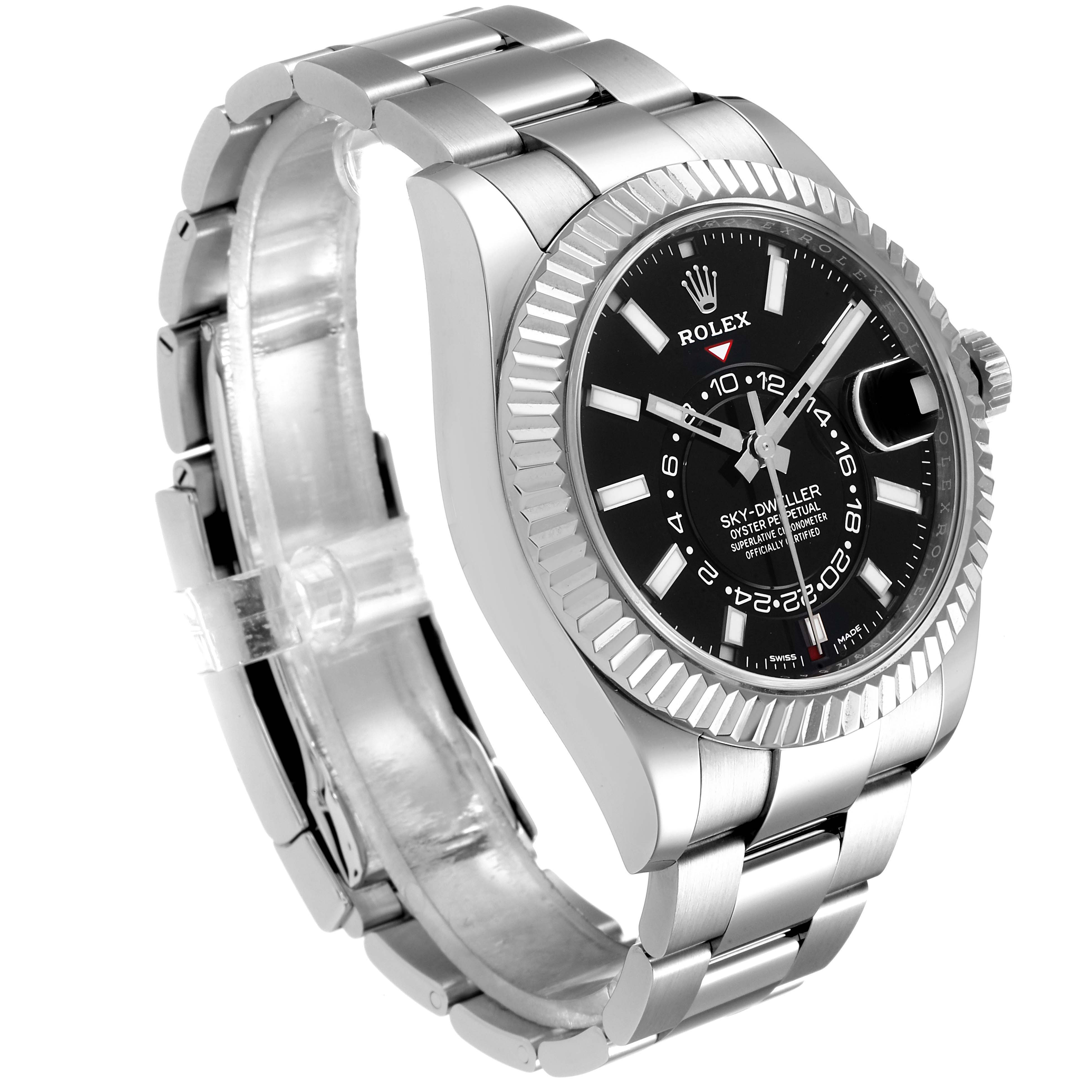 The Rolex Sky-Dweller 326934 Men's Stainless Steel Black Dial 326934 Men's Stainless Steel Black Dial watch is shown at a three-quarter angle, highlighting its face, bezel, and bracelet.