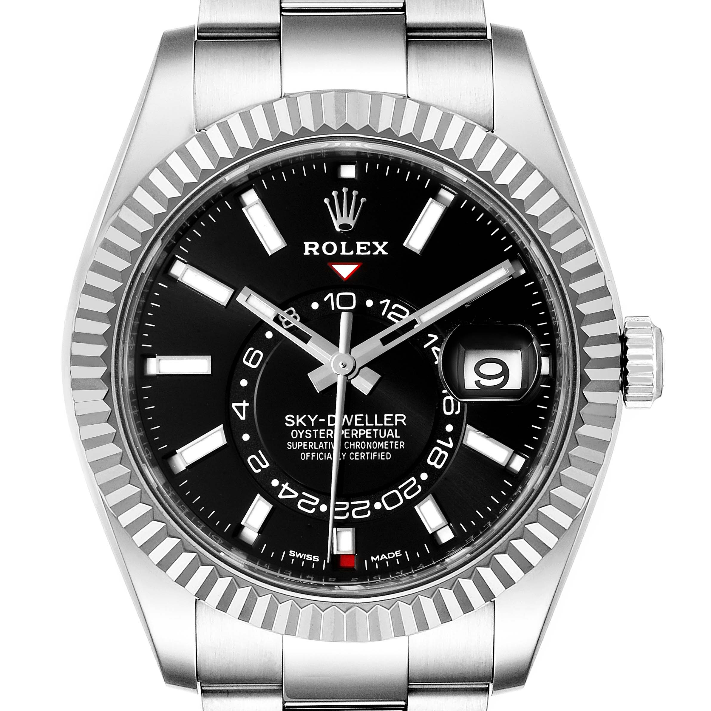 This Rolex Sky-Dweller 326934 Men's Stainless Steel Black Dial 326934 Men's Stainless Steel Black Dial watch is shown from a front view, highlighting its black dial, fluted bezel, and link bracelet.