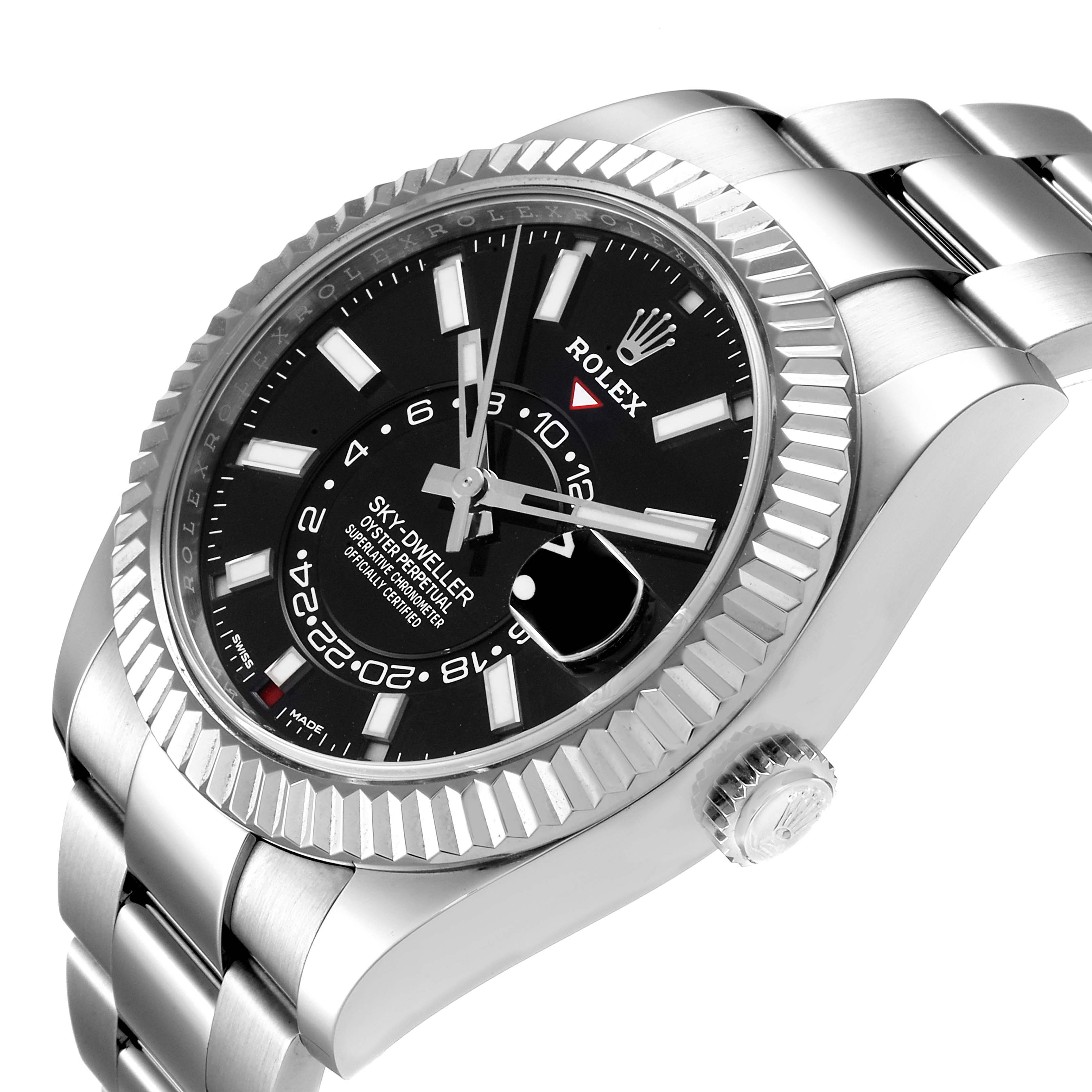 The image shows a Rolex Sky-Dweller 326934 Men's Stainless Steel Black Dial 326934 Men's Stainless Steel Black Dial watch from a front-side angle, highlighting the watch face, bezel, and part of the bracelet.