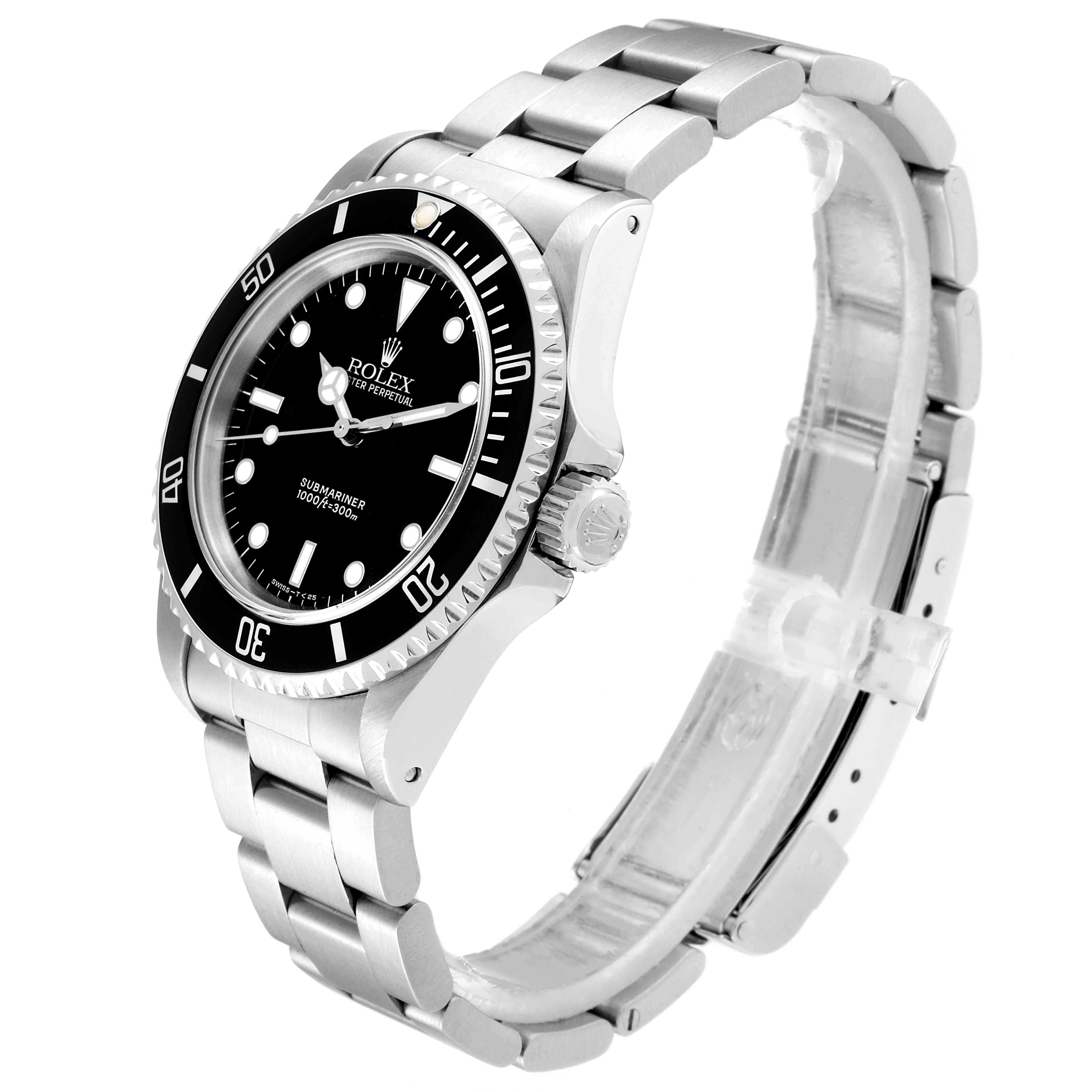 The image shows a side angle of the Rolex Submariner 14060 Men
s Stainless Steel Black Dial 14060 Men
s Stainless Steel Black Dial watch, highlighting the black dial, bezel, and stainless steel bracelet.