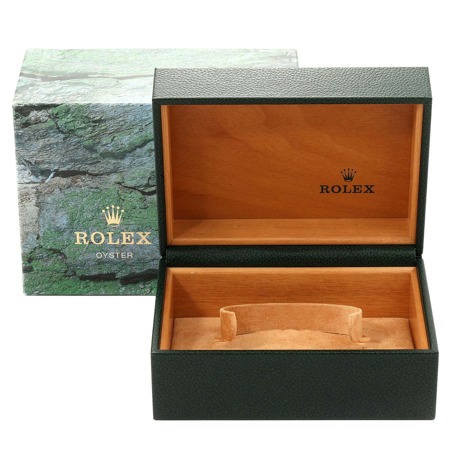 The image shows the open presentation box and outer box for the Rolex Submariner 14060 Men
s Stainless Steel Black Dial 14060 Men
s Stainless Steel Black Dial watch.