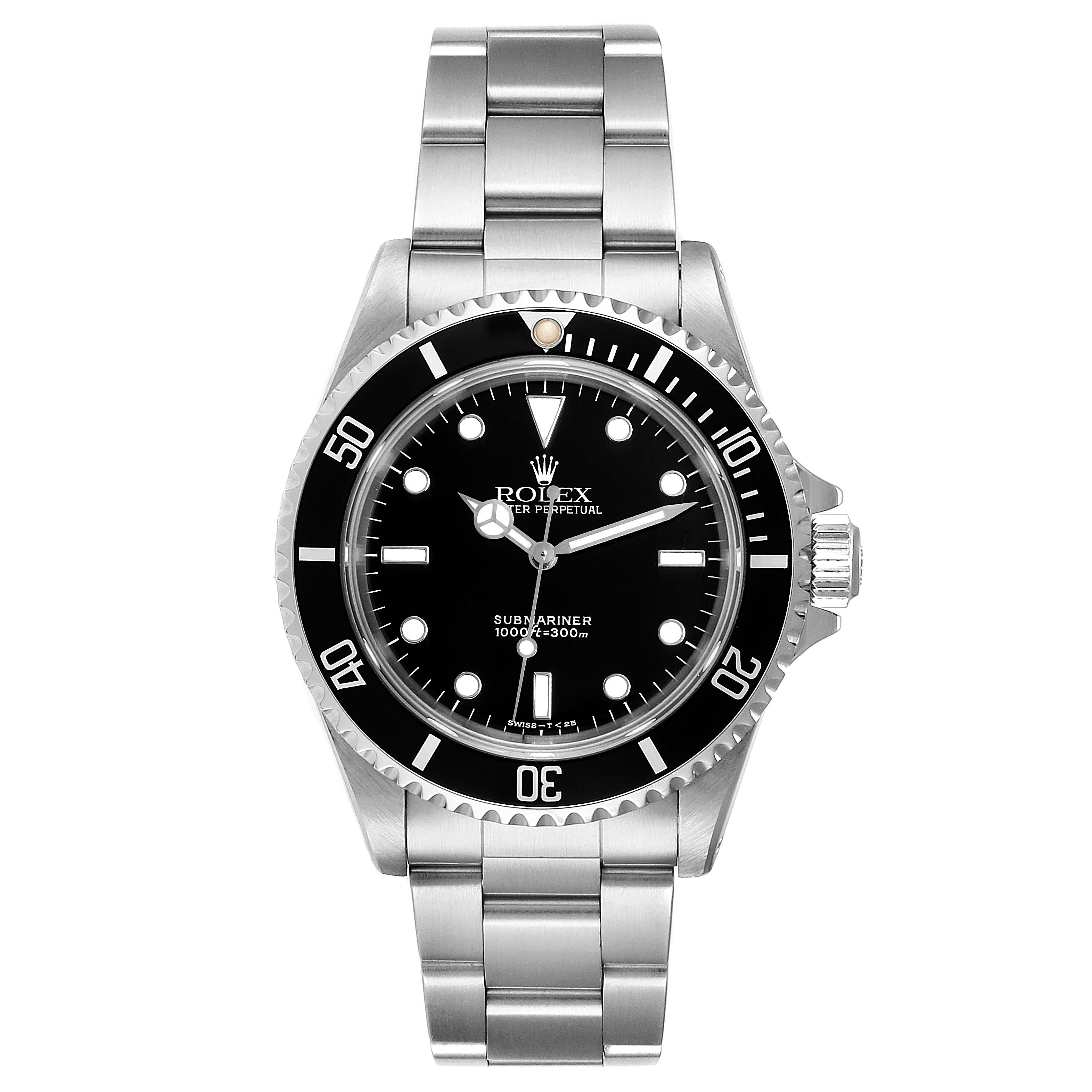 This image shows a front view of the Rolex Submariner 14060 Men
s Stainless Steel Black Dial 14060 Men
s Stainless Steel Black Dial watch, displaying the face, bezel, bracelet, and crown.