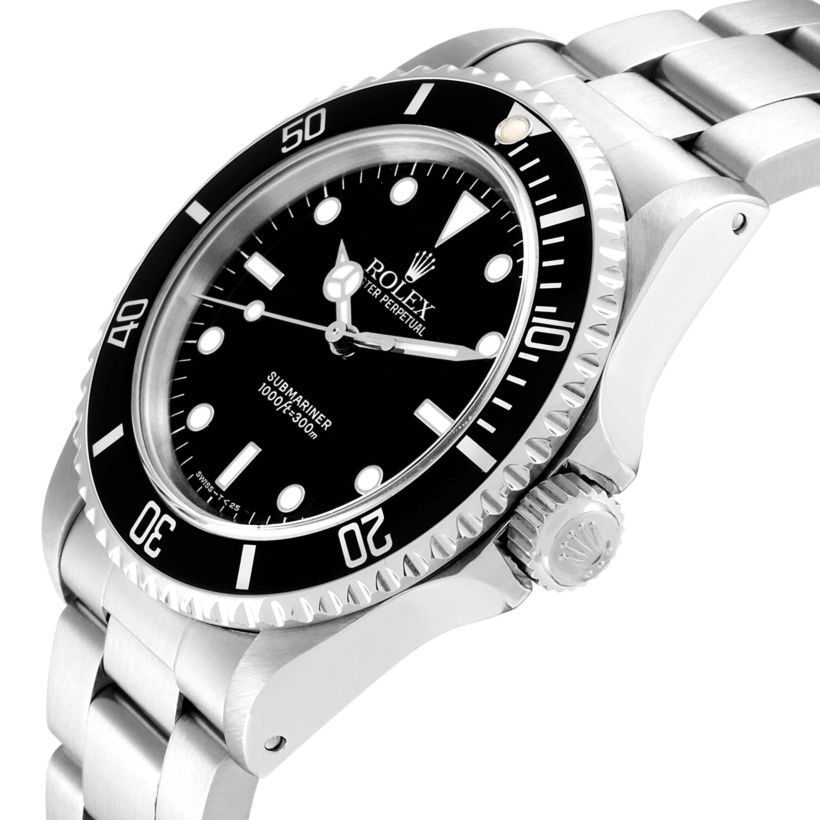 This image shows a side angle of the Rolex Submariner 14060 Men
s Stainless Steel Black Dial 14060 Men
s Stainless Steel Black Dial watch, highlighting the face, bezel, crown, and part of the bracelet.