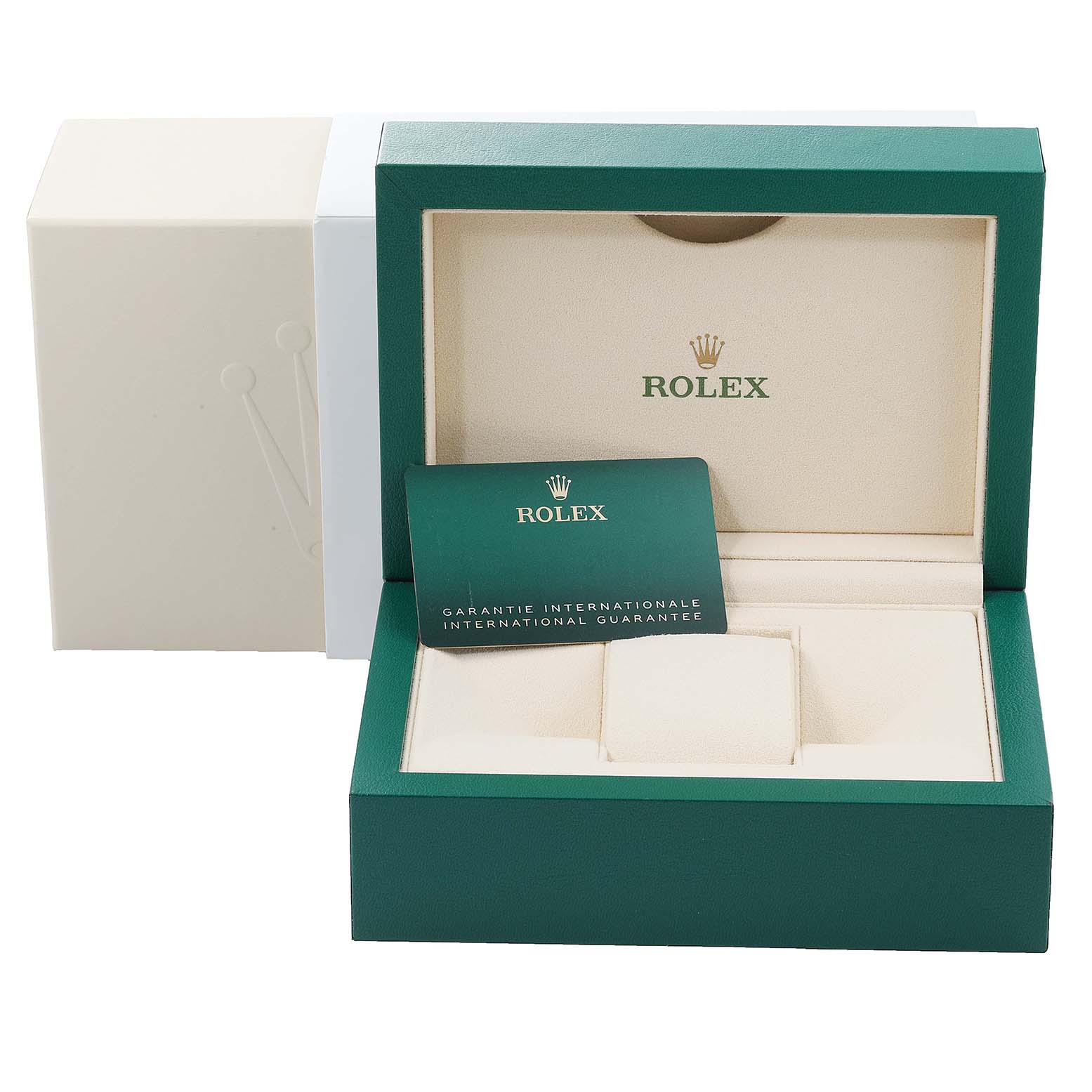 The image shows the open packaging box and guarantee card for the Rolex Submariner 126613 Men
s Steel and Gold (two tone) Blue Dial 126613 Men
s Steel and Gold (two tone) Blue Dial watch.