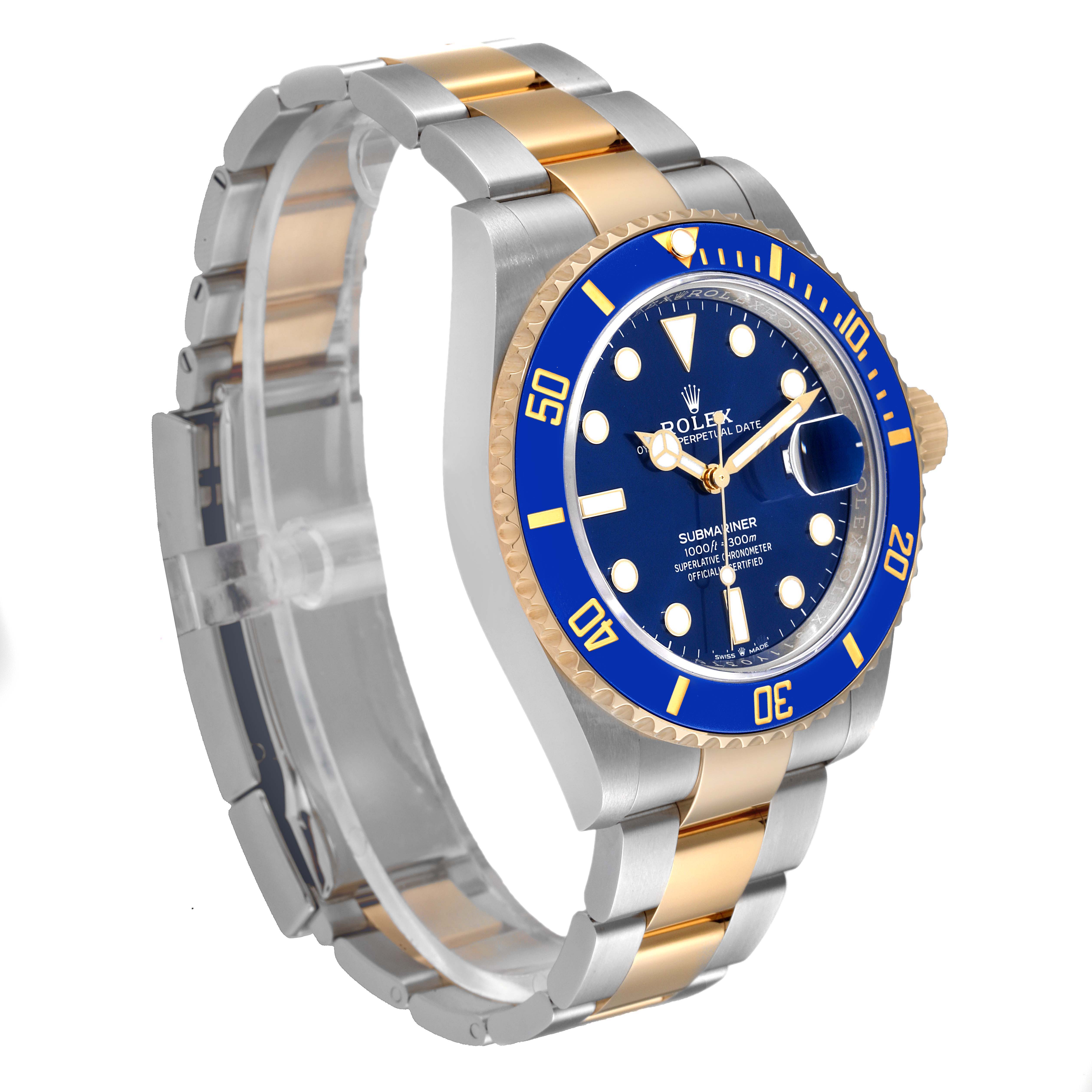 The image shows a Rolex Submariner 126613 Men
s Steel and Gold (two tone) Blue Dial 126613 Men
s Steel and Gold (two tone) Blue Dial watch from a three-quarter angle, highlighting the face, bezel, and bracelet.