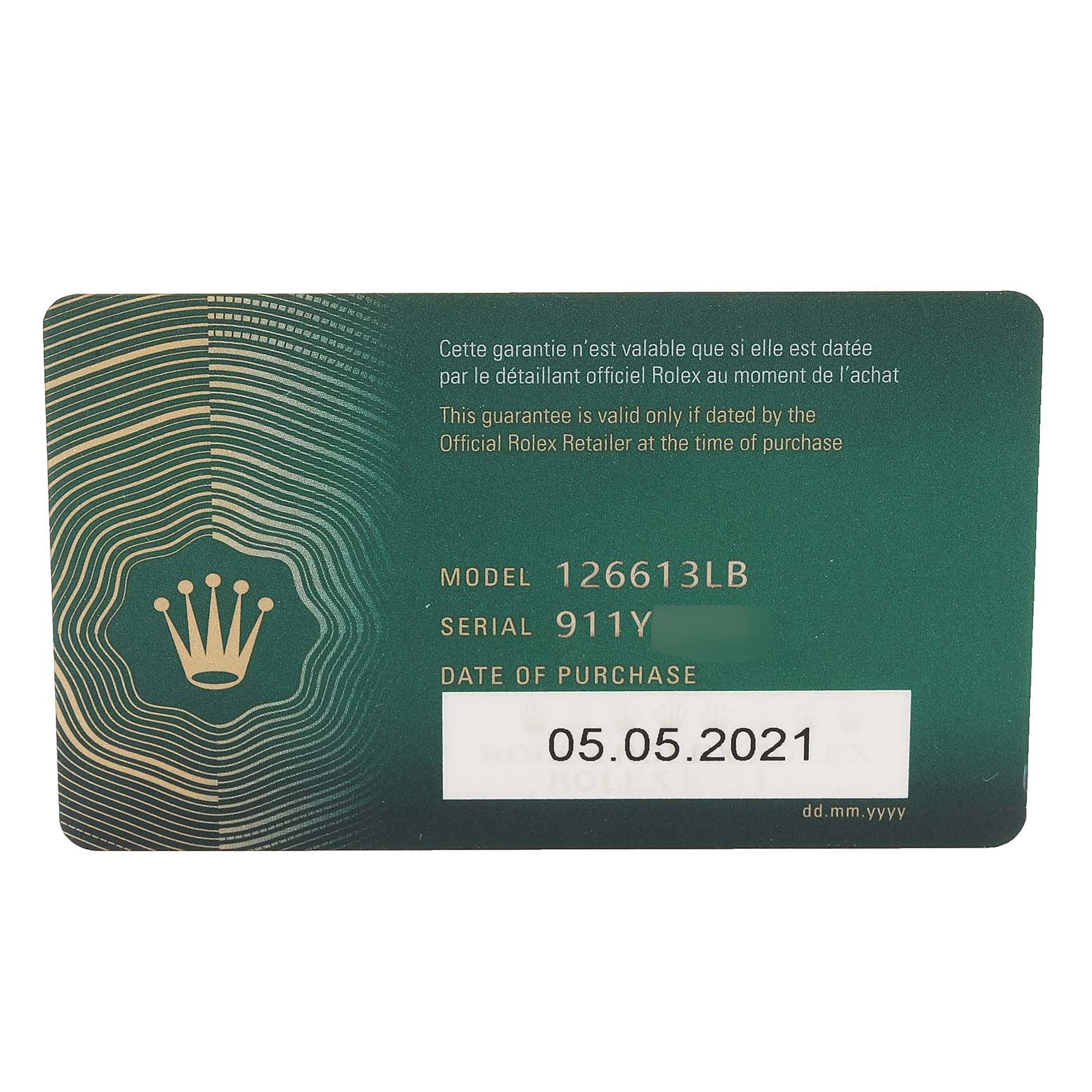 This image shows an official Rolex warranty card for the Submariner model 126613LB.