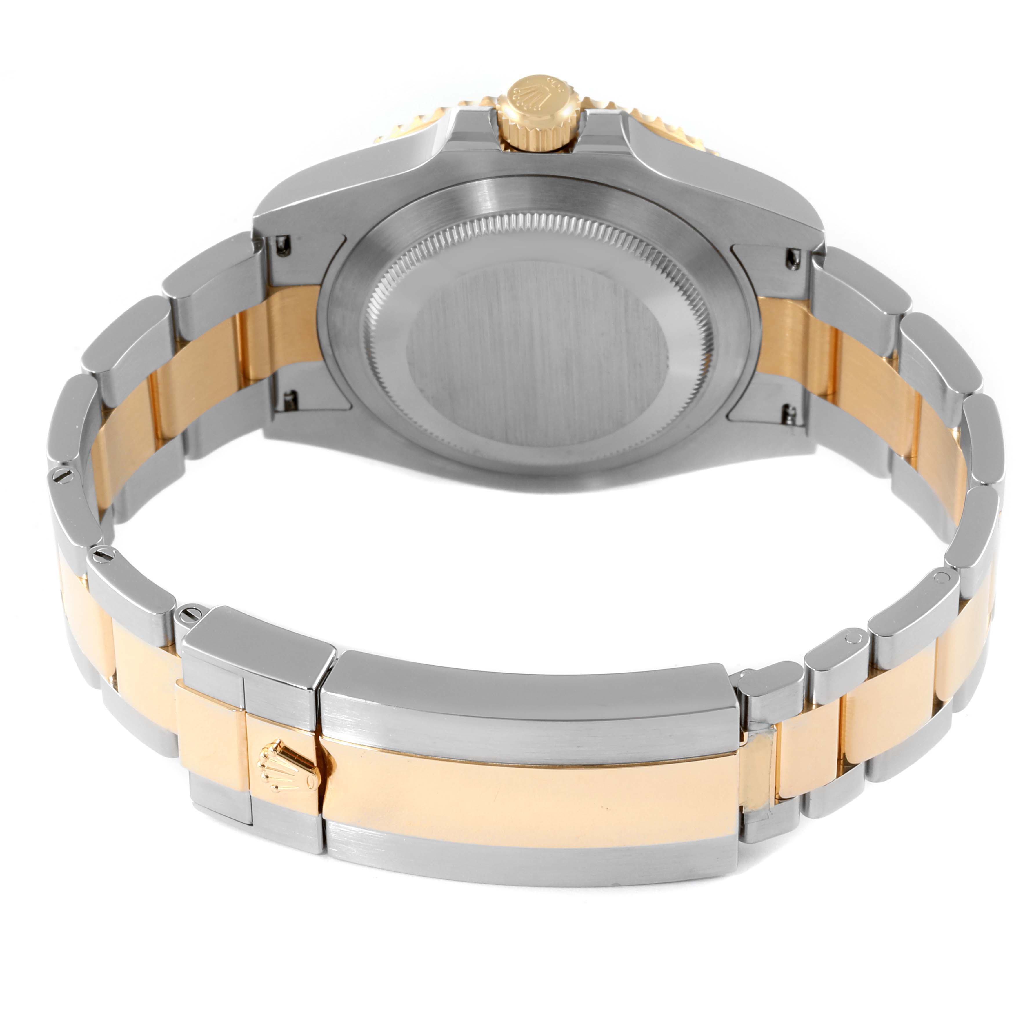 The image shows the back view of the Rolex Submariner 126613 Men
s Steel and Gold (two tone) Blue Dial 126613 Men
s Steel and Gold (two tone) Blue Dial, highlighting the case back, crown, and two-tone bracelet.