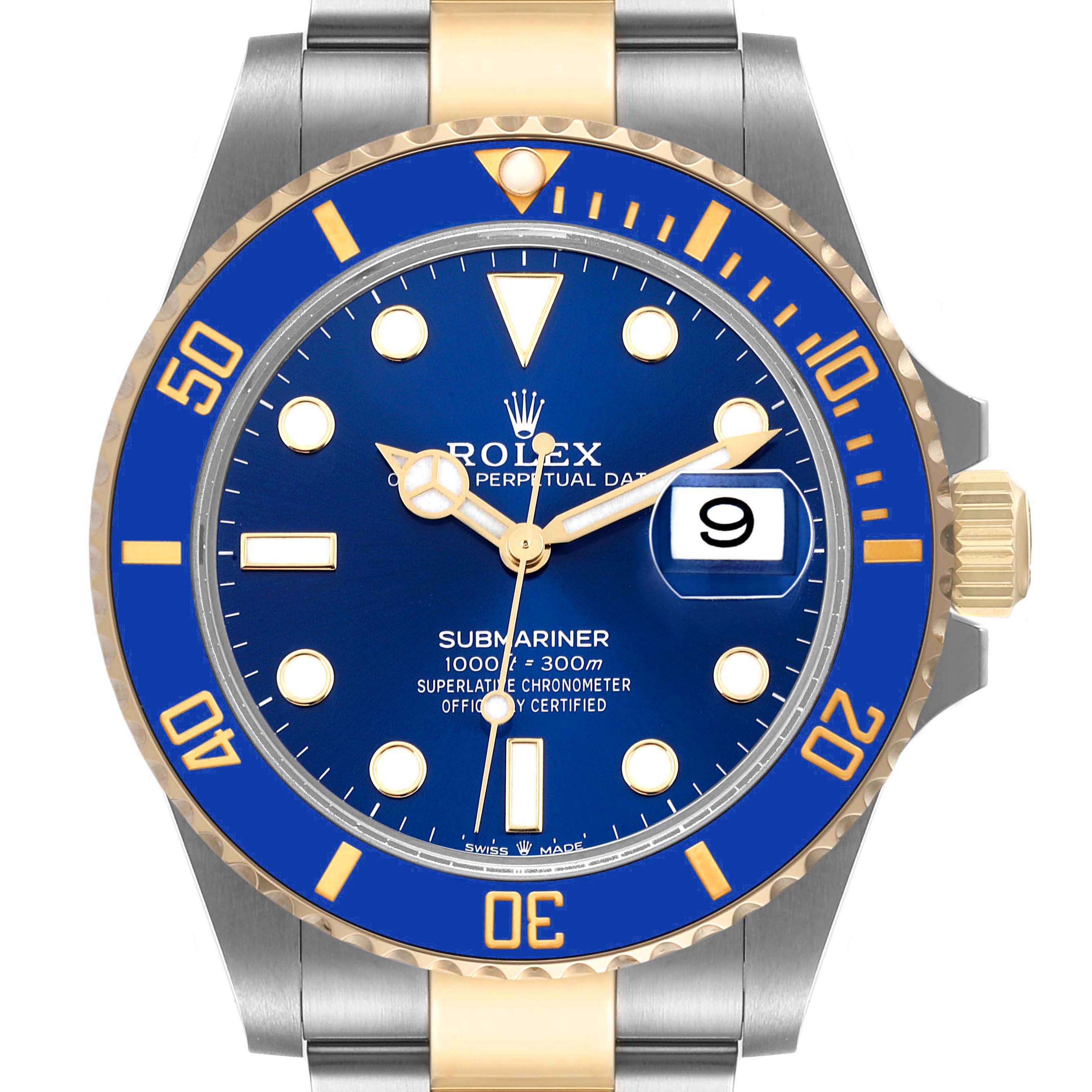 This is a close-up frontal view of a Rolex Submariner 126613 Men
s Steel and Gold (two tone) Blue Dial 126613 Men
s Steel and Gold (two tone) Blue Dial watch showing its blue dial, bezel, and date window.