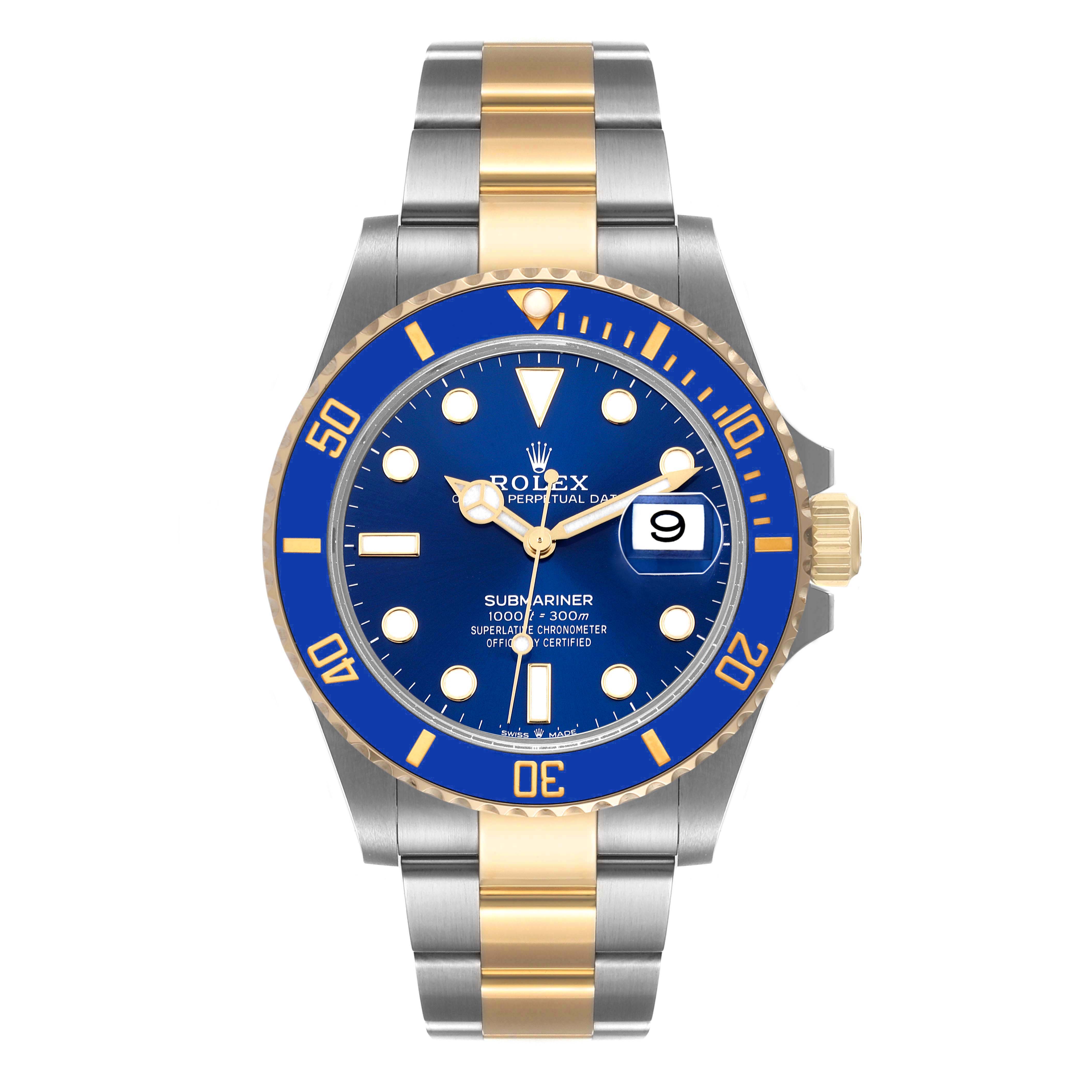 The image shows a Rolex Submariner 126613 Men
s Steel and Gold (two tone) Blue Dial 126613 Men
s Steel and Gold (two tone) Blue Dial watch
s front view, highlighting its blue dial, bezel, and two-tone metal strap.