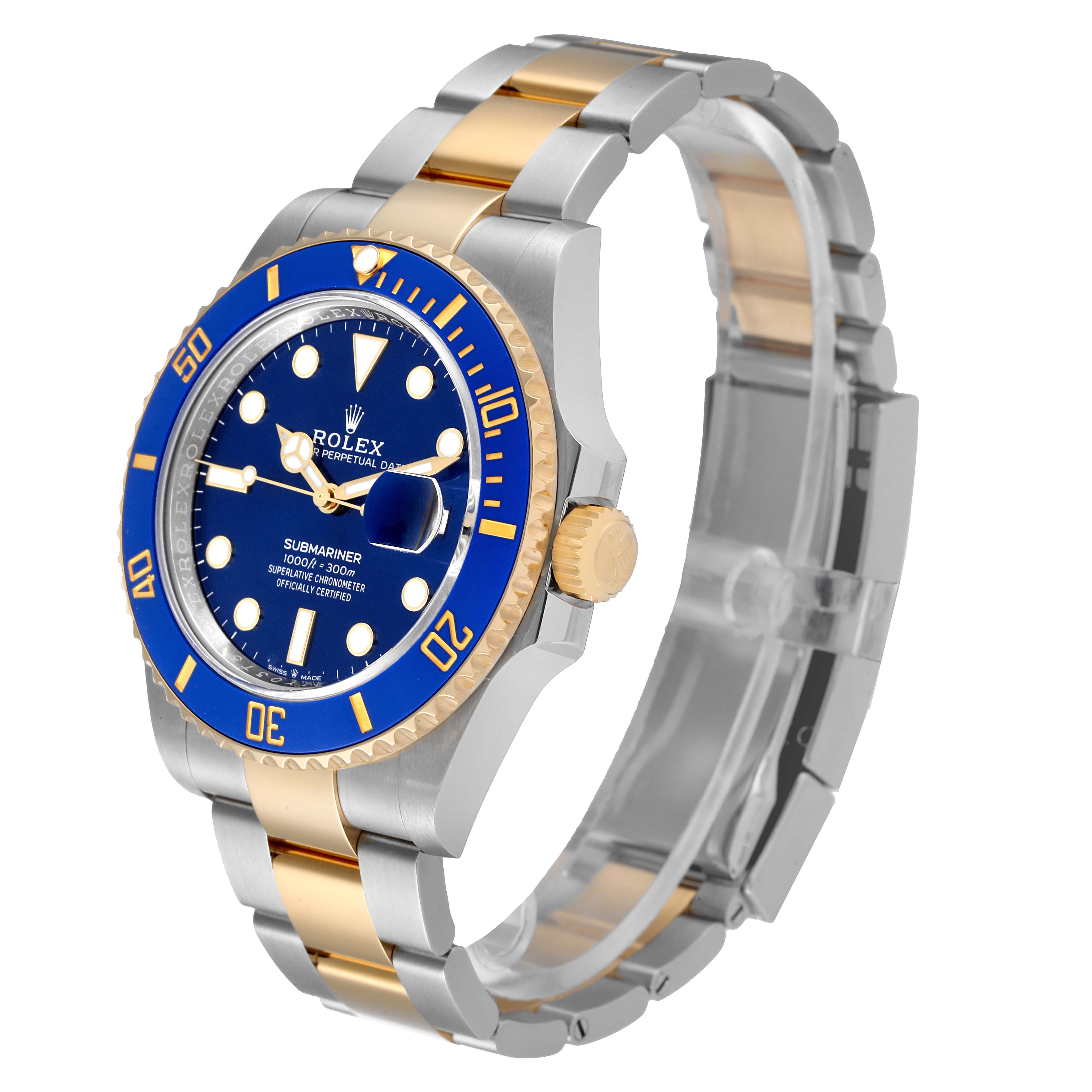 The image shows a side angle of a Rolex Submariner 126613 Men
s Steel and Gold (two tone) Blue Dial 126613 Men
s Steel and Gold (two tone) Blue Dial, showcasing its blue dial, gold accents, and metal bracelet.
