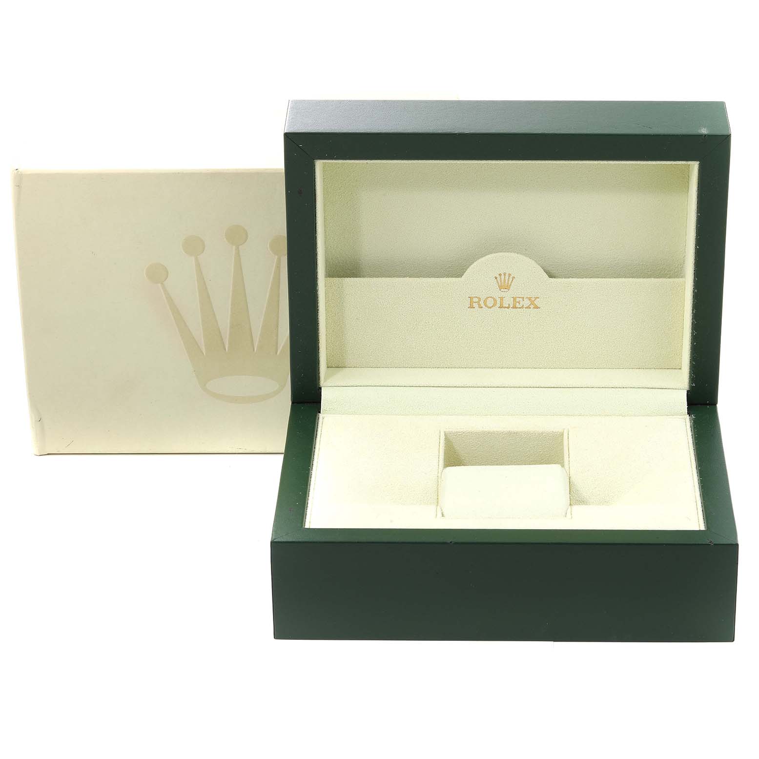 The image shows an open Rolex Submariner 16613 Men's Steel and Gold (two tone) Blue Dial 16613 Men's Steel and Gold (two tone) Blue Dial watch box with a green outer case and beige interior.