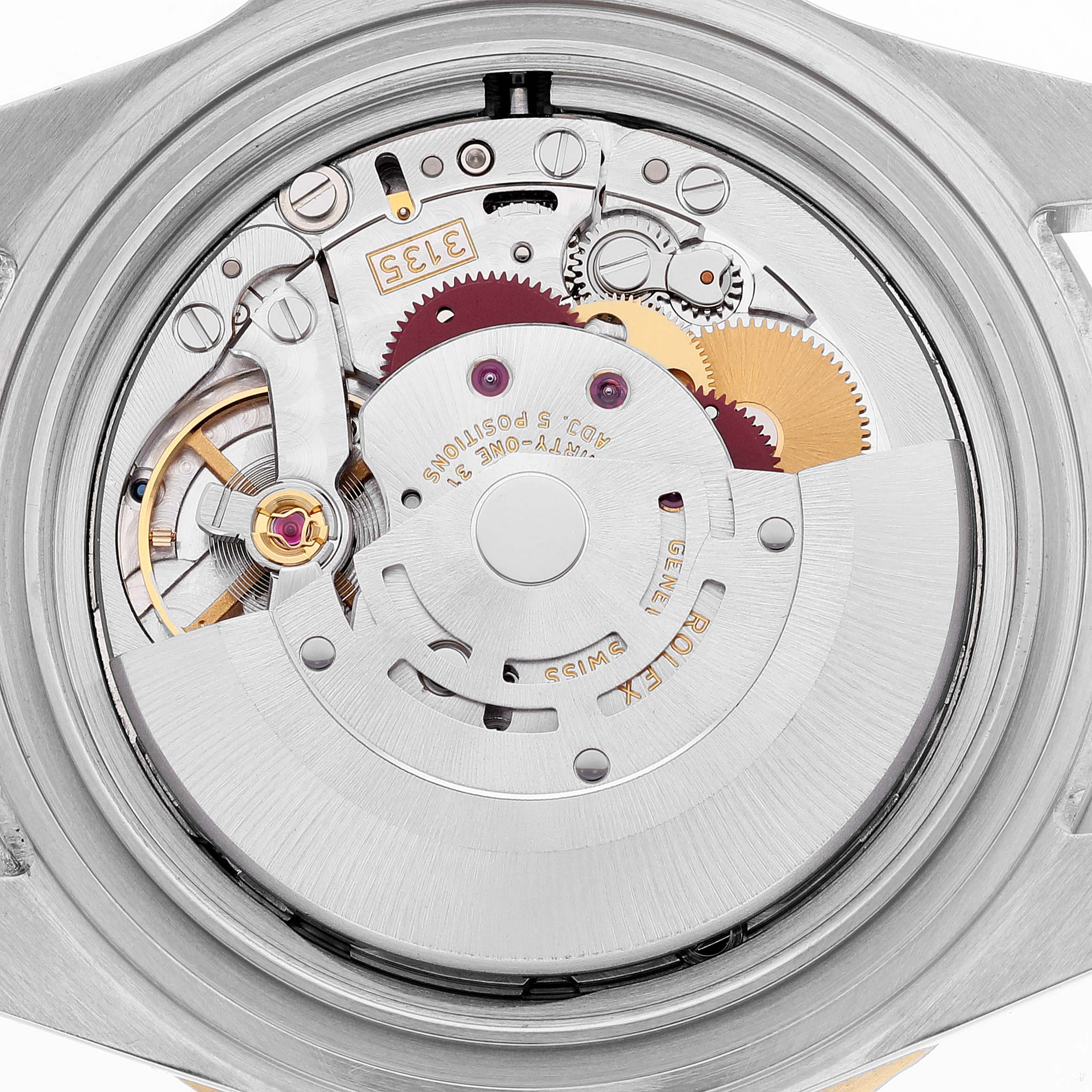 This image shows a close-up view of the movement of a Rolex Submariner 16613 Men's Steel and Gold (two tone) Blue Dial 16613 Men's Steel and Gold (two tone) Blue Dial, displaying gears and intricate components.