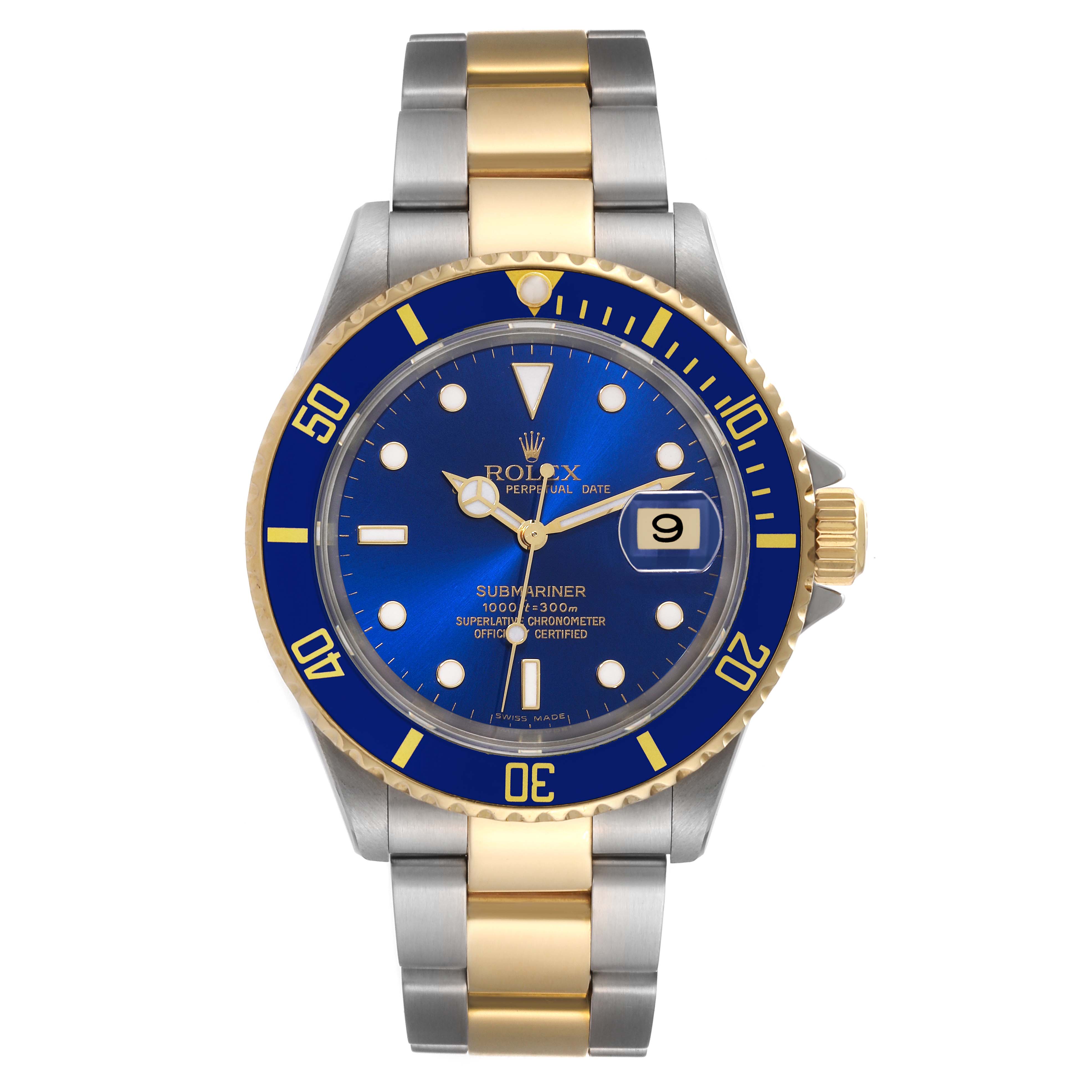 The Rolex Submariner 16613 Men's Steel and Gold (two tone) Blue Dial 16613 Men's Steel and Gold (two tone) Blue Dial watch is shown from a top-down angle, displaying its blue dial, bezel, and two-tone bracelet.