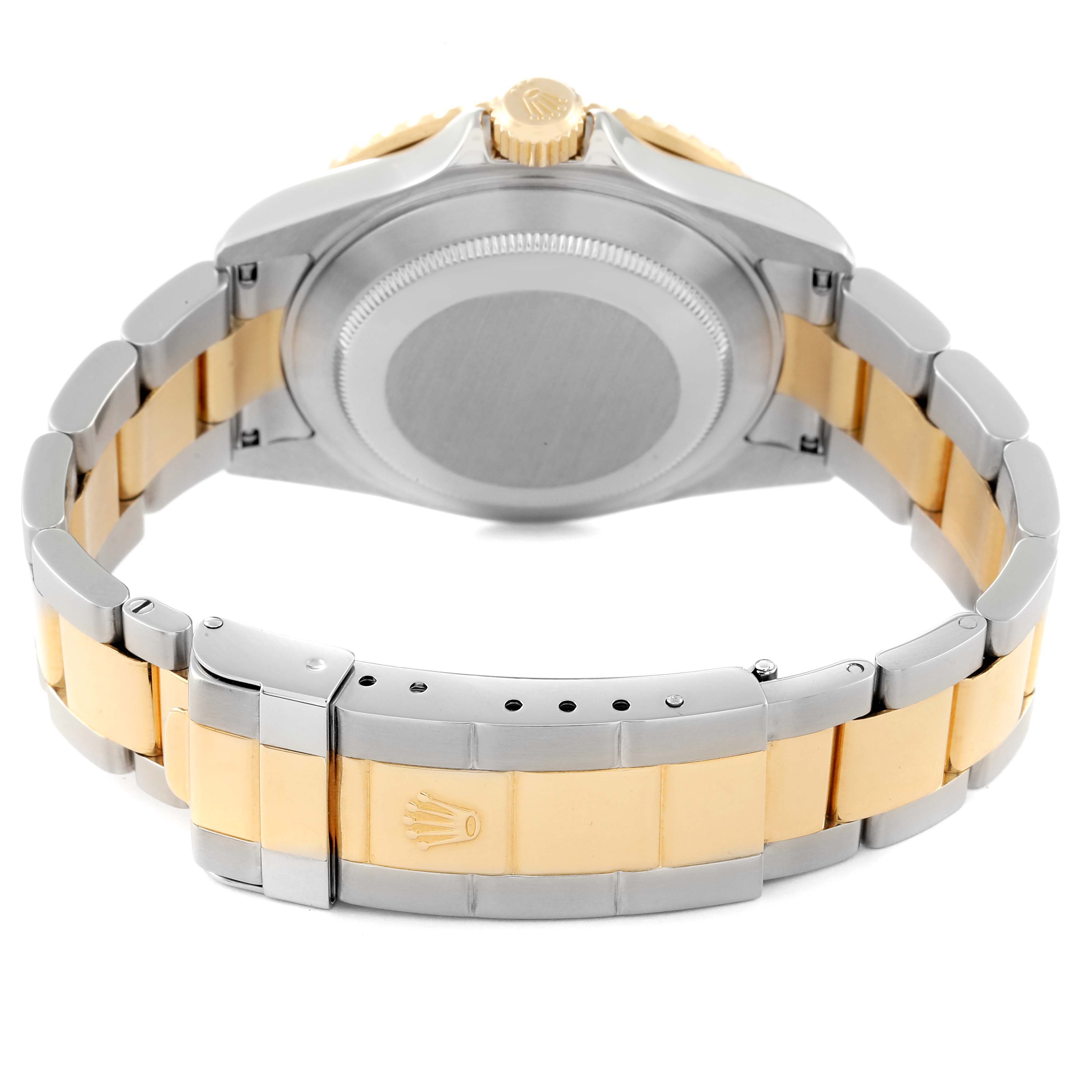 The image shows the back of a two-tone Rolex Submariner 16613 Men's Steel and Gold (two tone) Blue Dial 16613 Men's Steel and Gold (two tone) Blue Dial watch, highlighting the clasp and caseback.