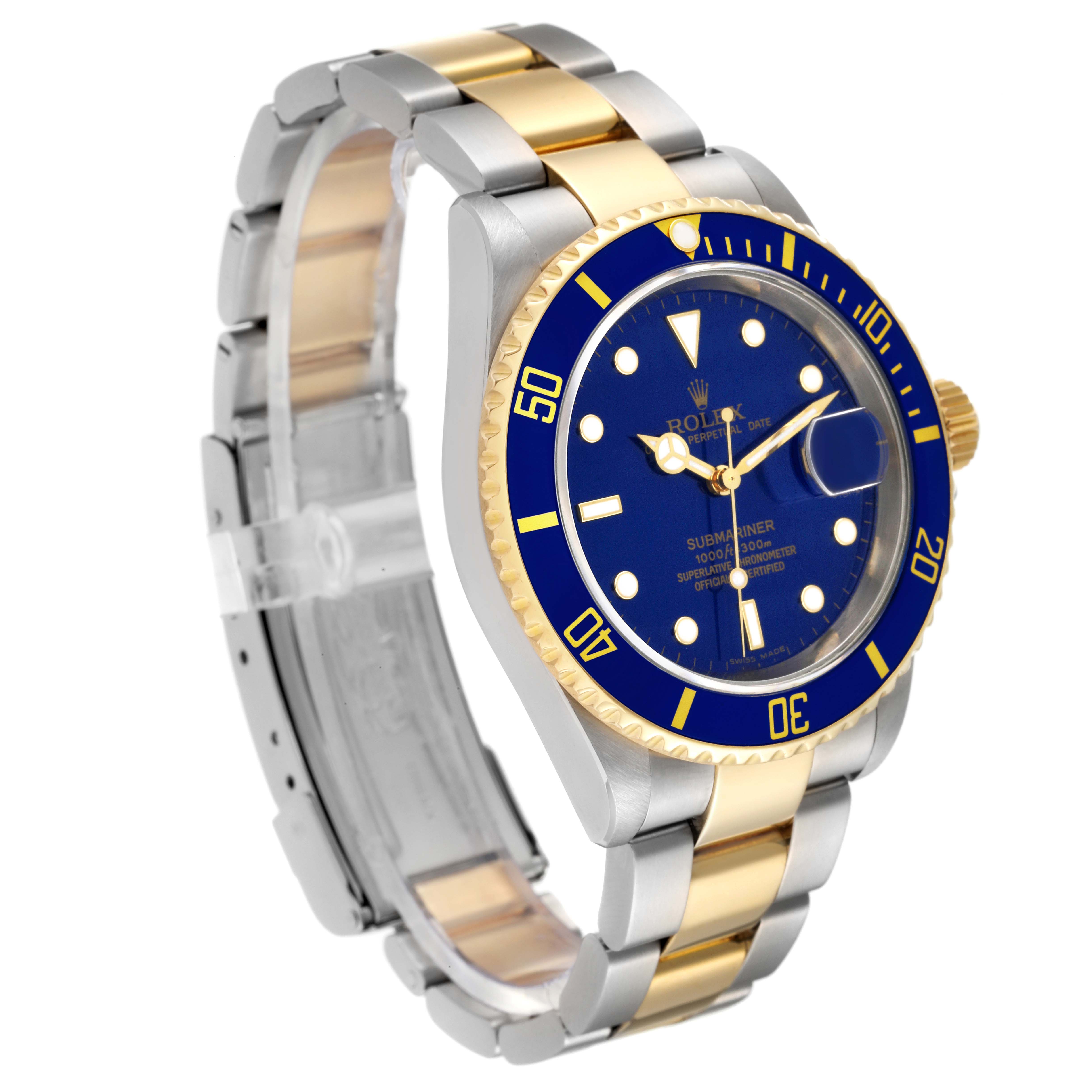 This image shows a side angle of a Rolex Submariner 16613 Men's Steel and Gold (two tone) Blue Dial 16613 Men's Steel and Gold (two tone) Blue Dial watch, highlighting its blue dial, bezel, and two-tone metal bracelet.