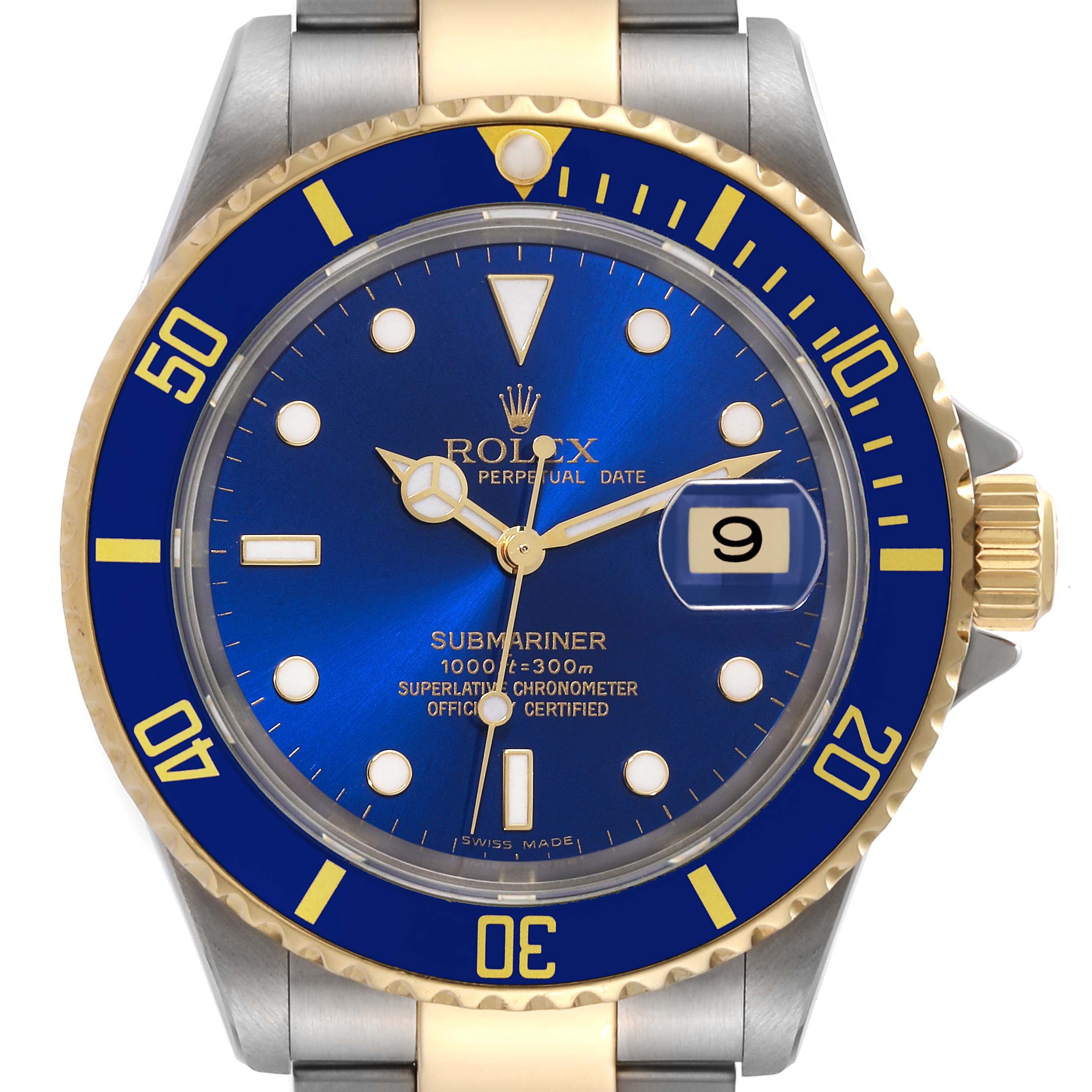 This close-up angle shows the blue dial, bezel, hands, markers, and date window of the Rolex Submariner 16613 Men's Steel and Gold (two tone) Blue Dial 16613 Men's Steel and Gold (two tone) Blue Dial.