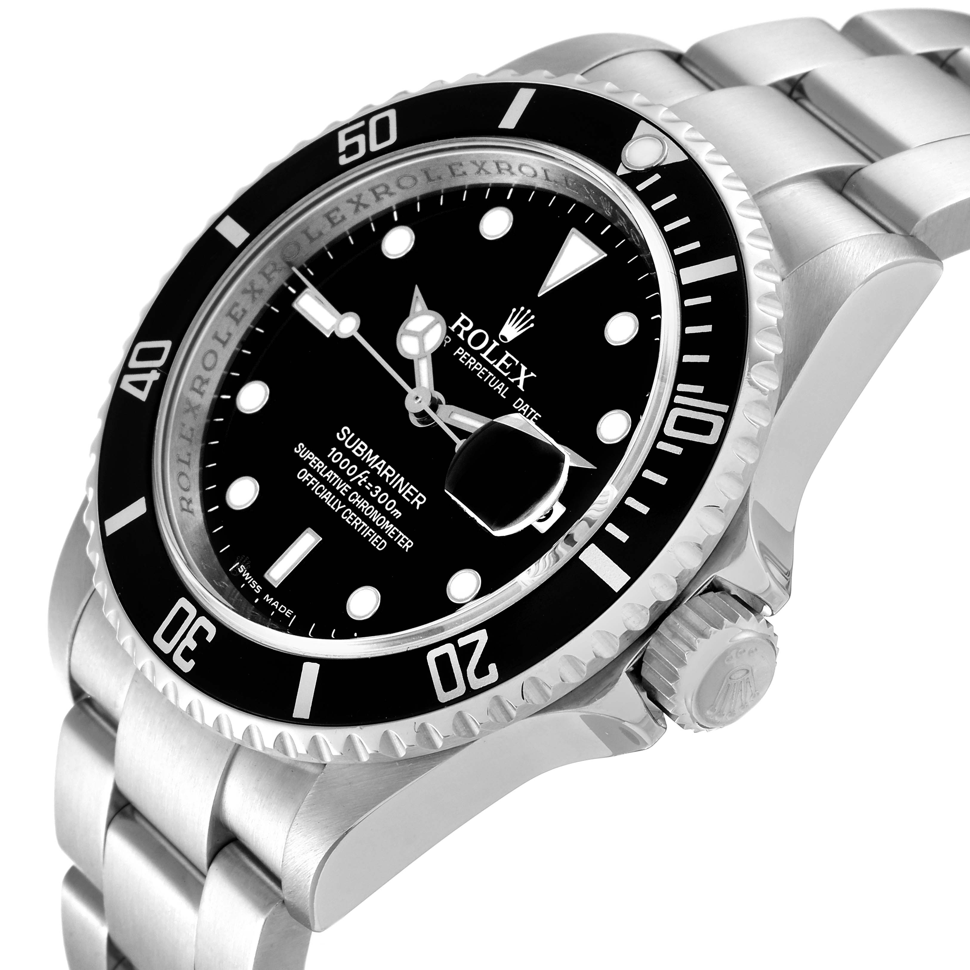 This image shows a Rolex Submariner 16610 Men's Stainless Steel Black Dial 16610 Men's Stainless Steel Black Dial watch at a slightly tilted angle, highlighting the face, bezel, crown, and part of the bracelet.