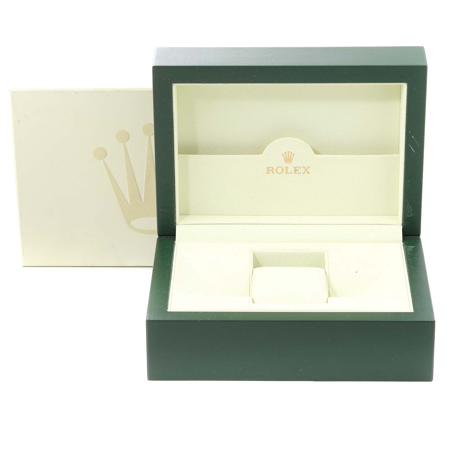 This image shows an open green and beige Rolex Submariner 16610 Men's Stainless Steel Black Dial 16610 Men's Stainless Steel Black Dial watch box.