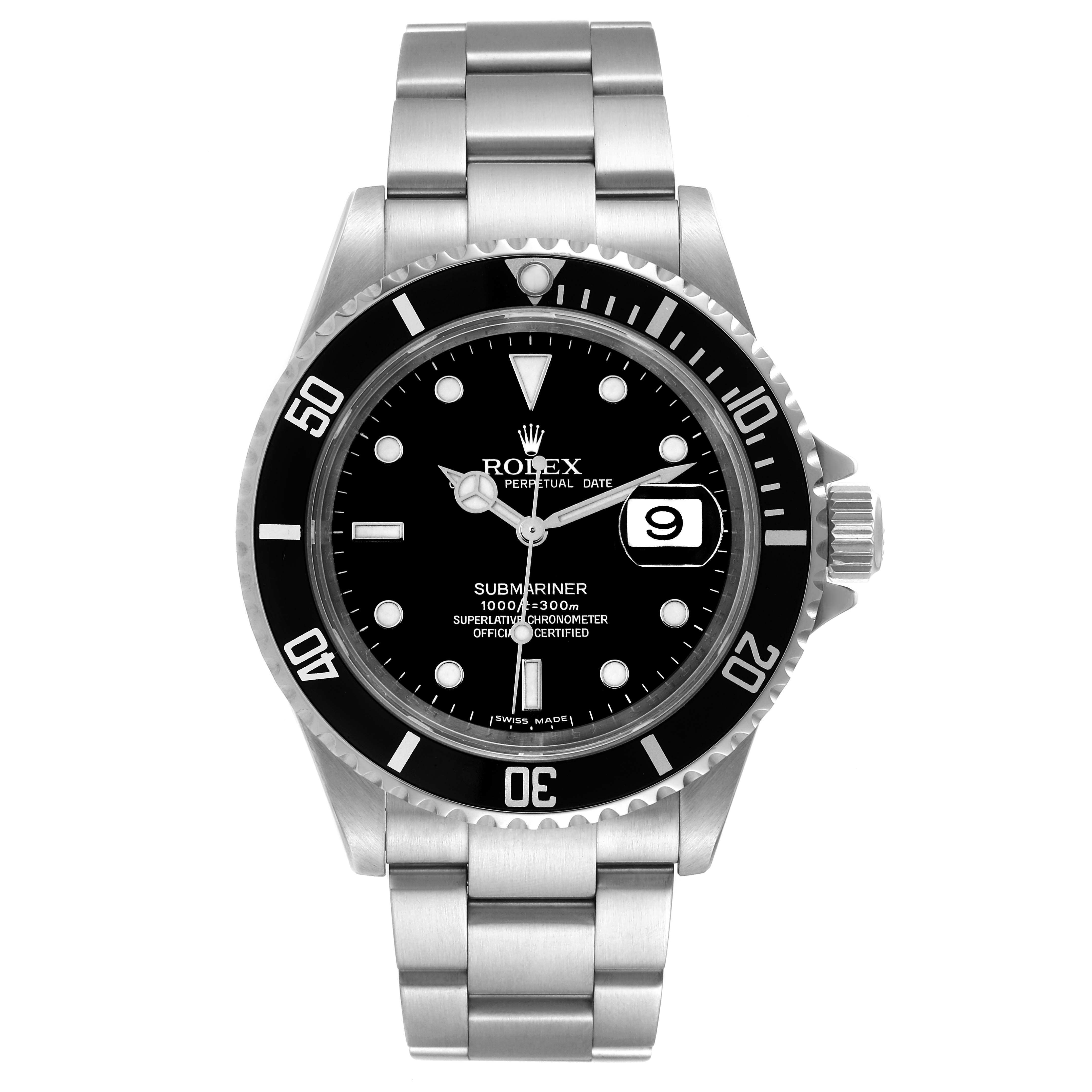 The Rolex Submariner 16610 Men's Stainless Steel Black Dial 16610 Men's Stainless Steel Black Dial watch is shown from the front, displaying the dial, bezel, crown, and bracelet.