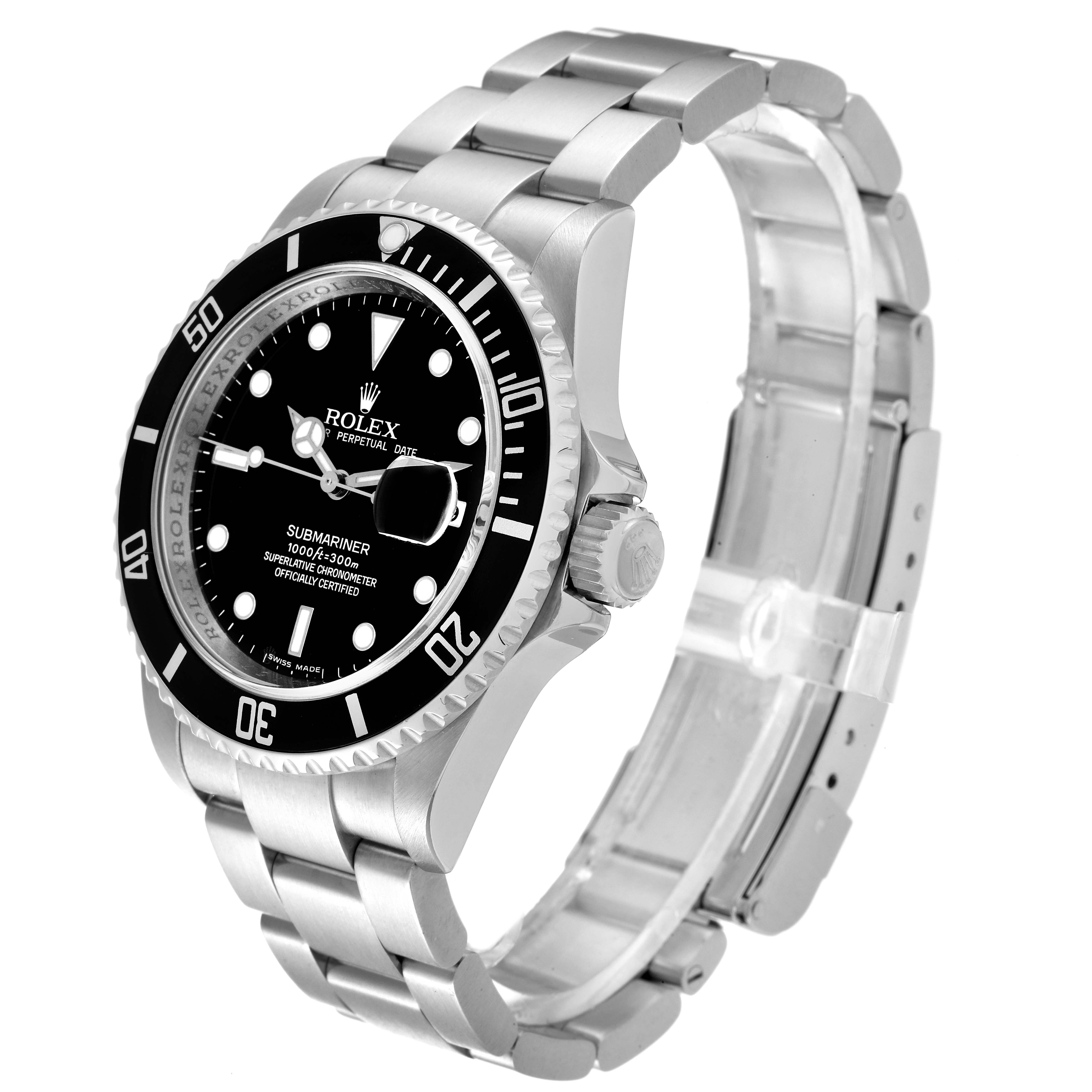 The image shows a Rolex Submariner 16610 Men's Stainless Steel Black Dial 16610 Men's Stainless Steel Black Dial watch from a front-right angle, showcasing its dial, bezel, and bracelet.