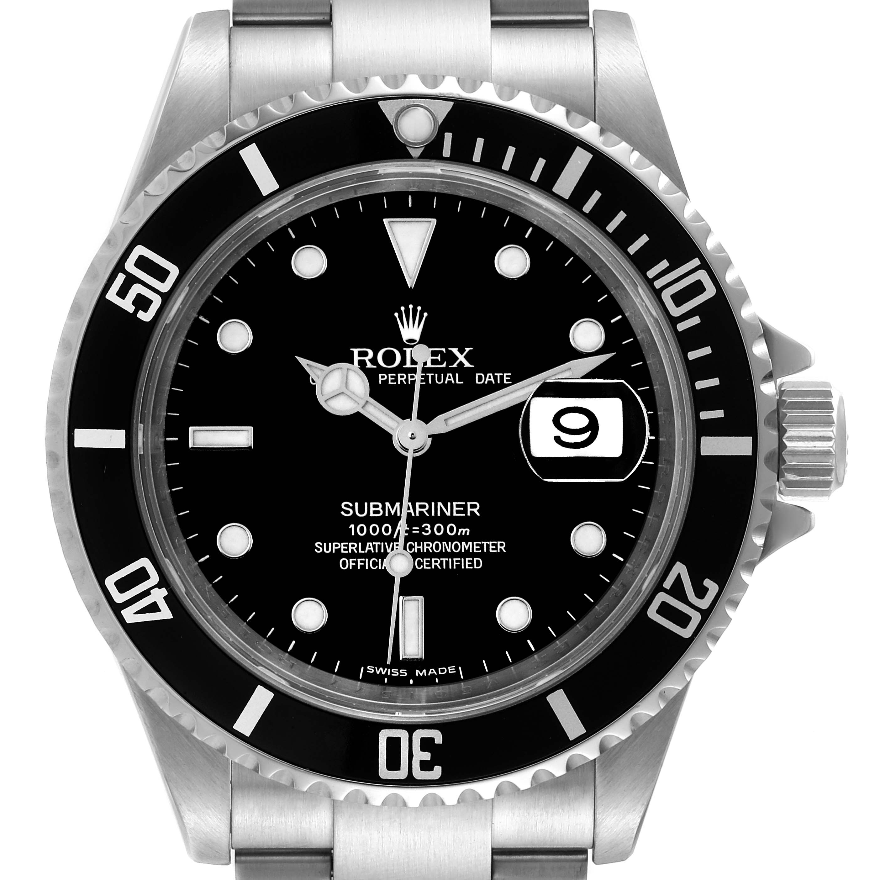 This image shows a front view of the Rolex Submariner 16610 Men's Stainless Steel Black Dial 16610 Men's Stainless Steel Black Dial watch, highlighting the dial, hands, date window, bezel, and part of the bracelet.
