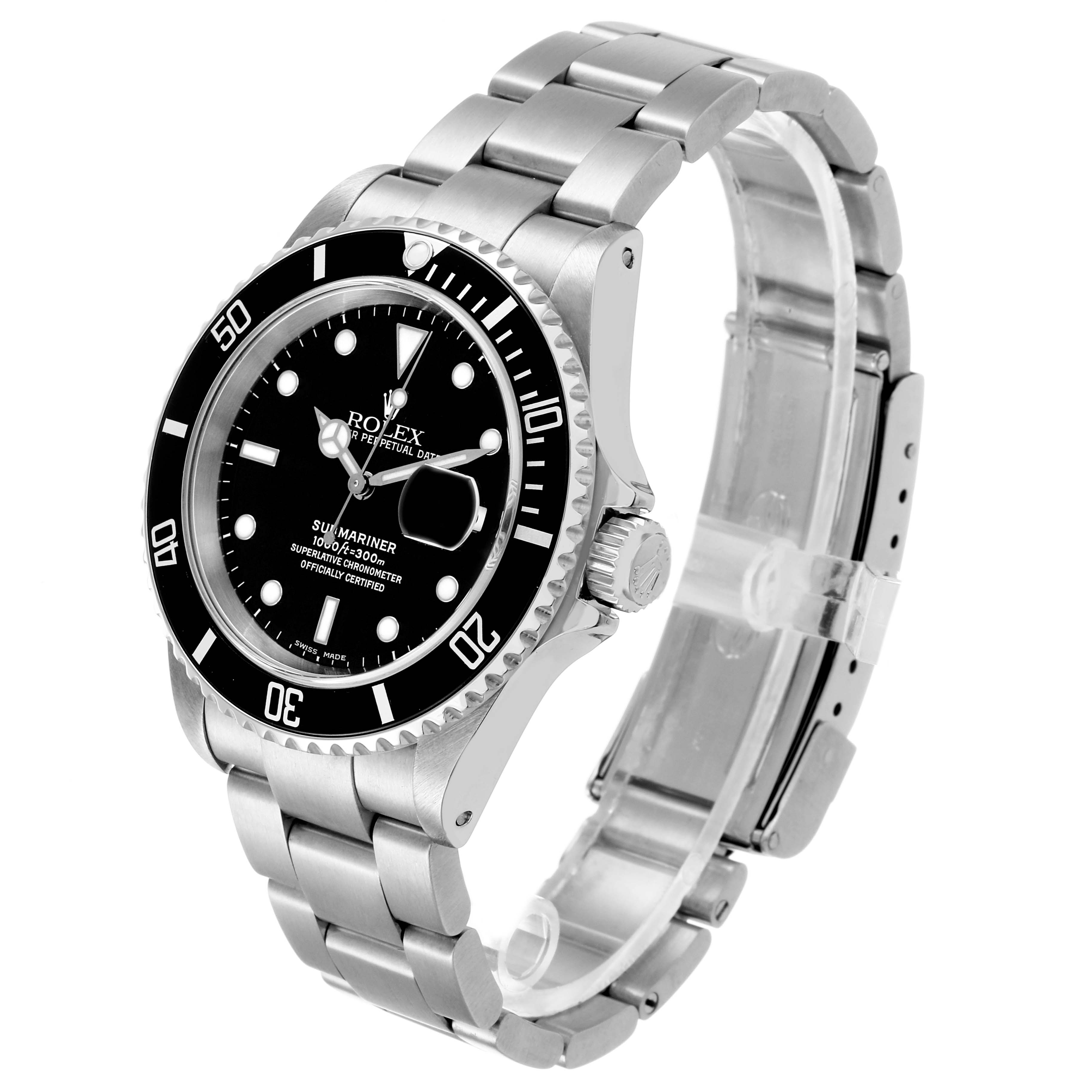 The Rolex Submariner 16610 Men's Stainless Steel Black Dial watch is shown at an angled side view, highlighting the bezel, dial, crown, and bracelet.