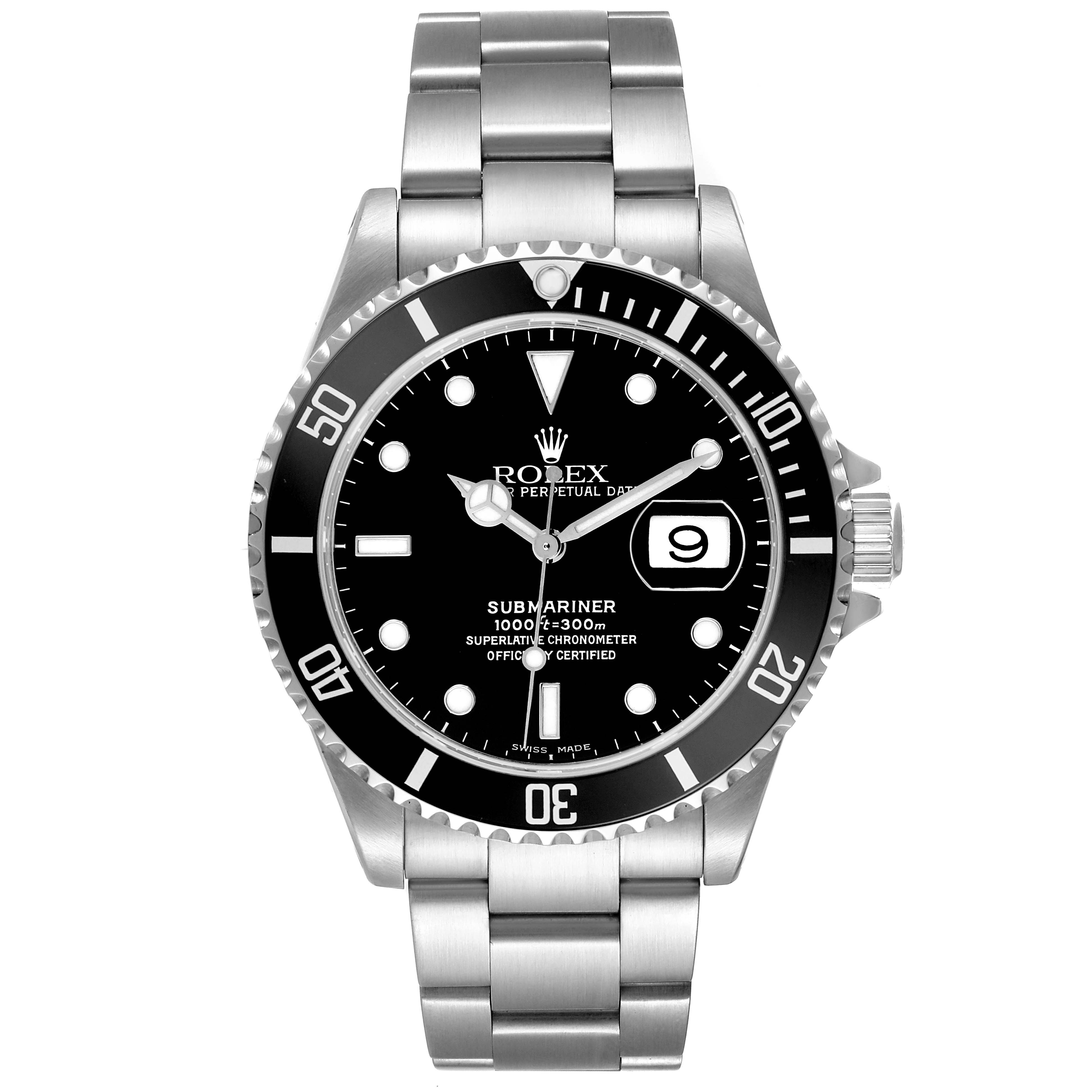 The Rolex Submariner 16610 Men's Stainless Steel Black Dial watch is shown from a front view, displaying the dial, bezel, crown, and bracelet.