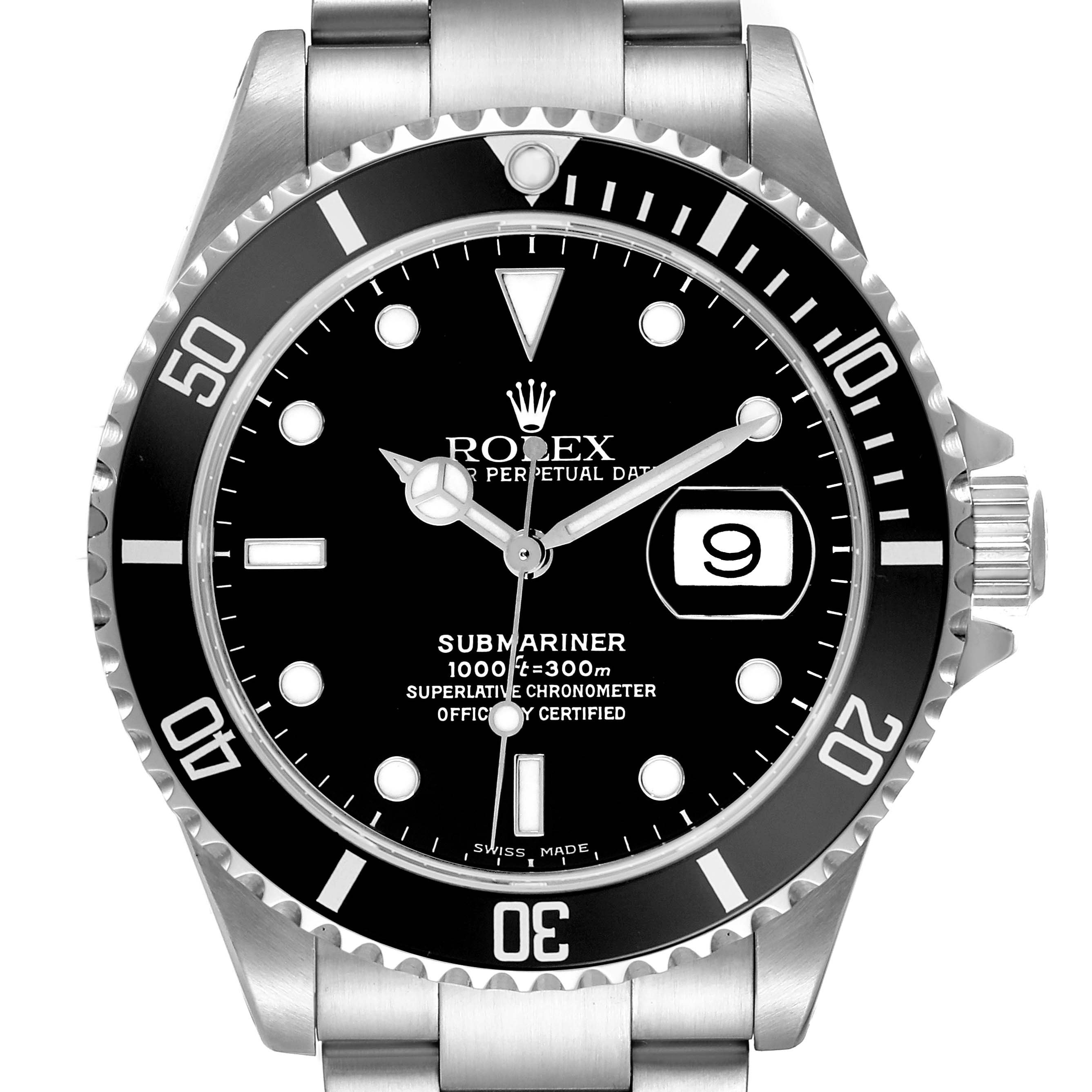 The Rolex Submariner 16610 Men's Stainless Steel Black Dial is shown face-on, displaying its bezel, dial, and bracelet.