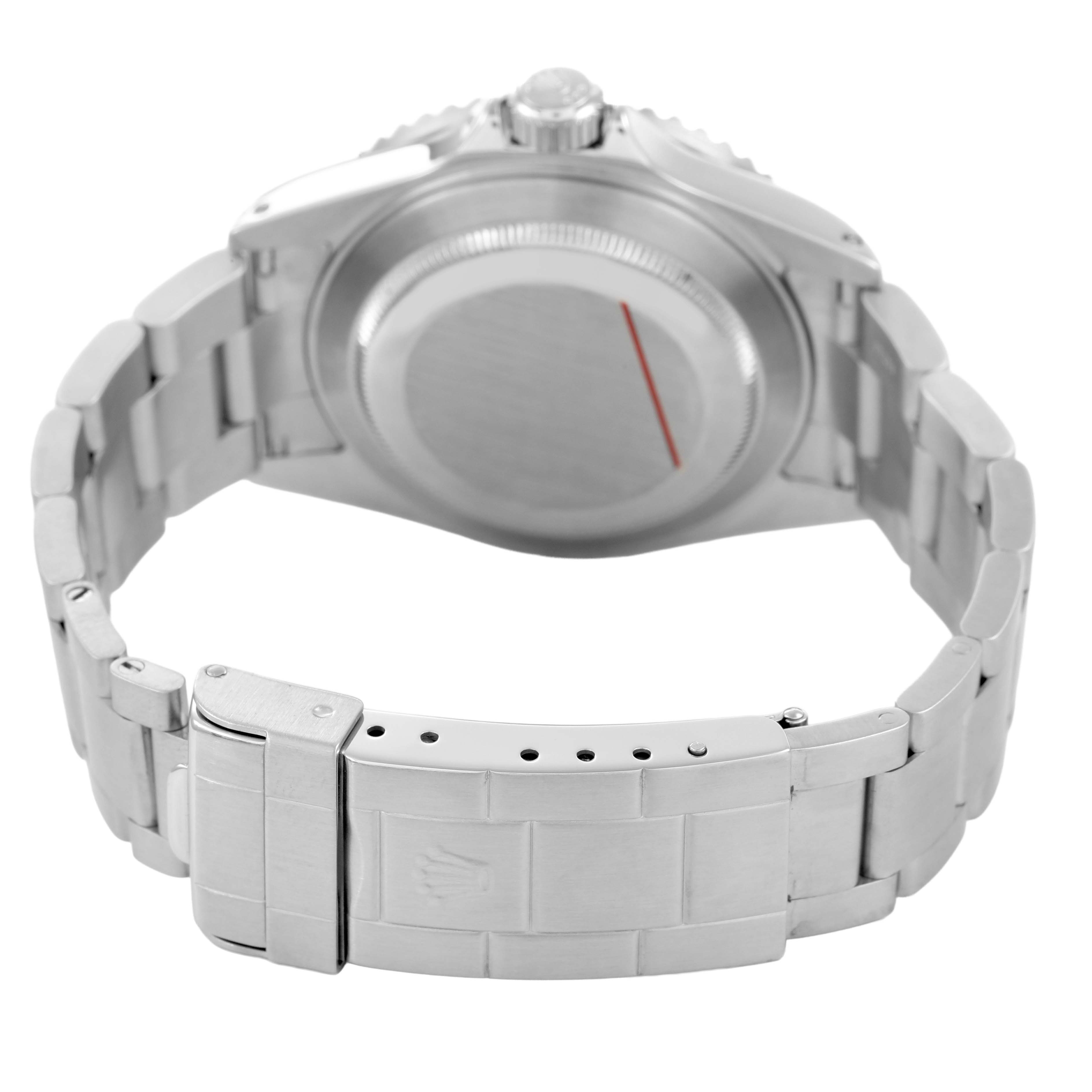 The image shows the back of a Rolex Submariner 16610 Men's Stainless Steel Black Dial watch, highlighting the case back and bracelet with a clasp.
