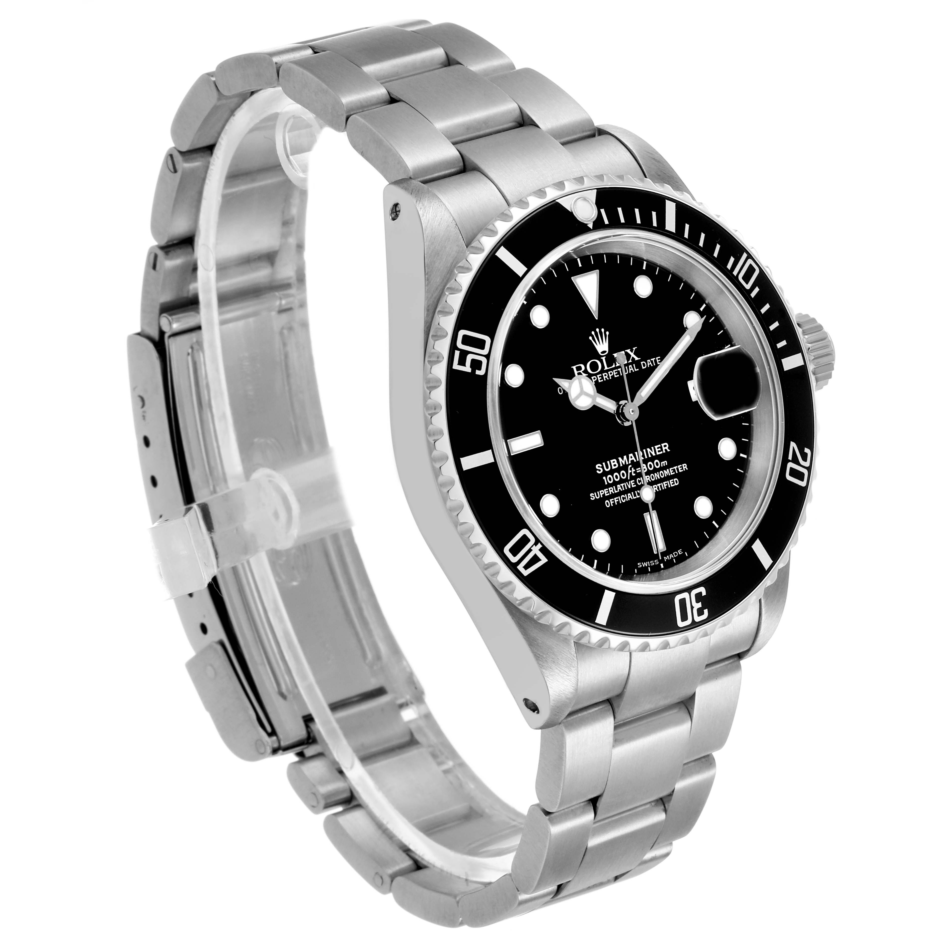 The Rolex Submariner 16610 Men's Stainless Steel Black Dial watch is shown at an angled side view, displaying the face, bezel, and stainless steel bracelet.