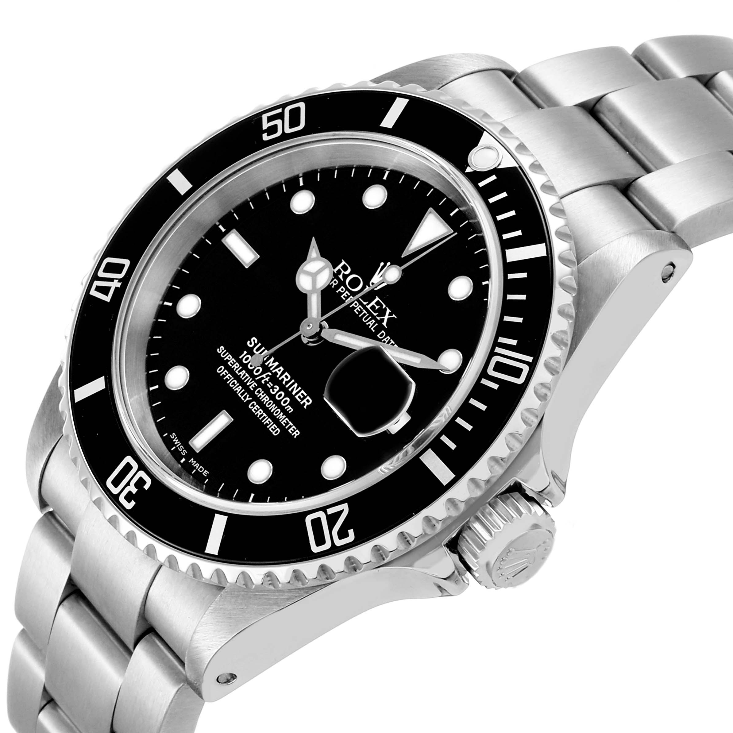 The Rolex Submariner 16610 Men's Stainless Steel Black Dial watch is shown at a slight angle, highlighting the bezel, dial, case, crown, and part of the bracelet.