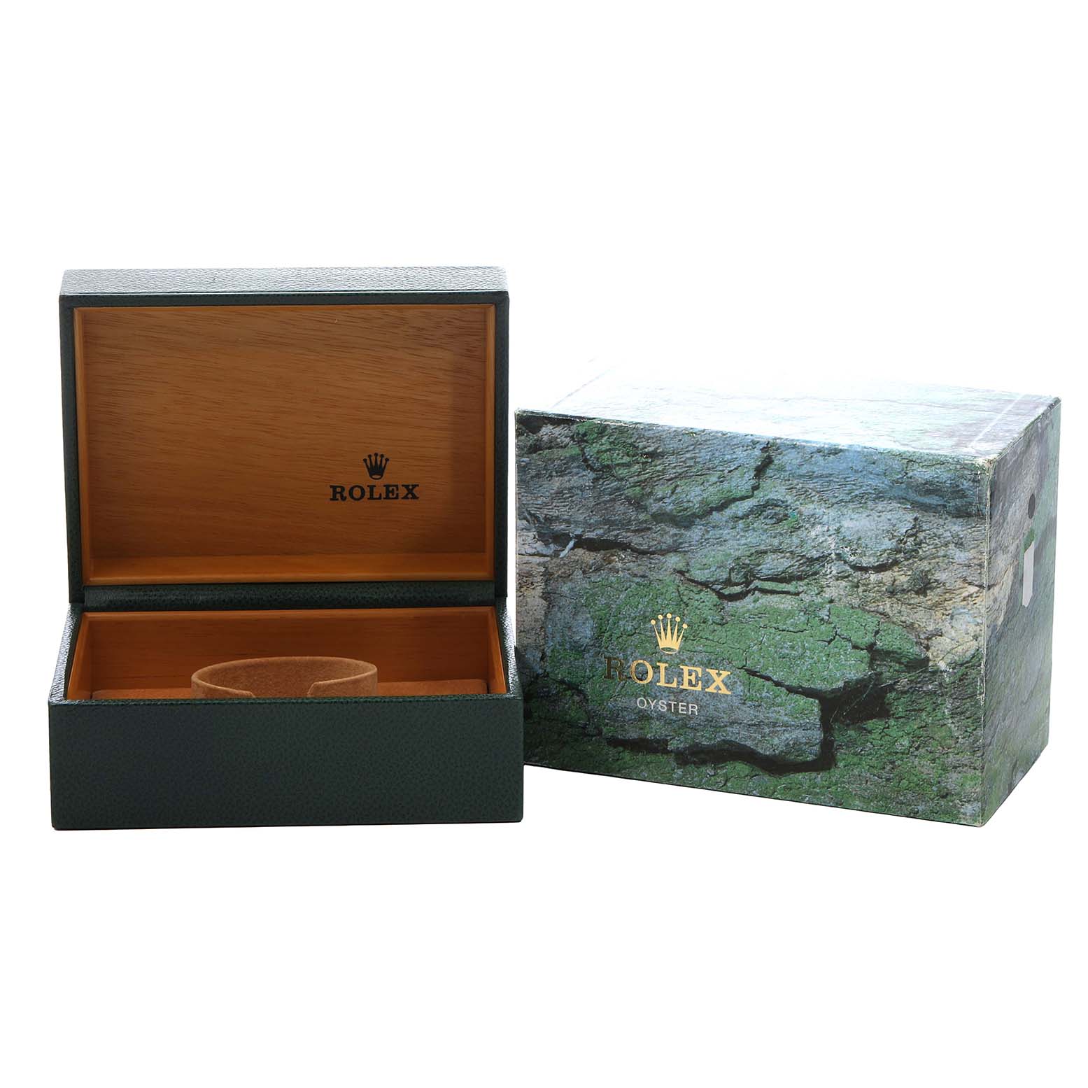 The image shows a Rolex Submariner 16610 Men's Stainless Steel Black Dial watch box and outer packaging, with the lid open and the interior visible.