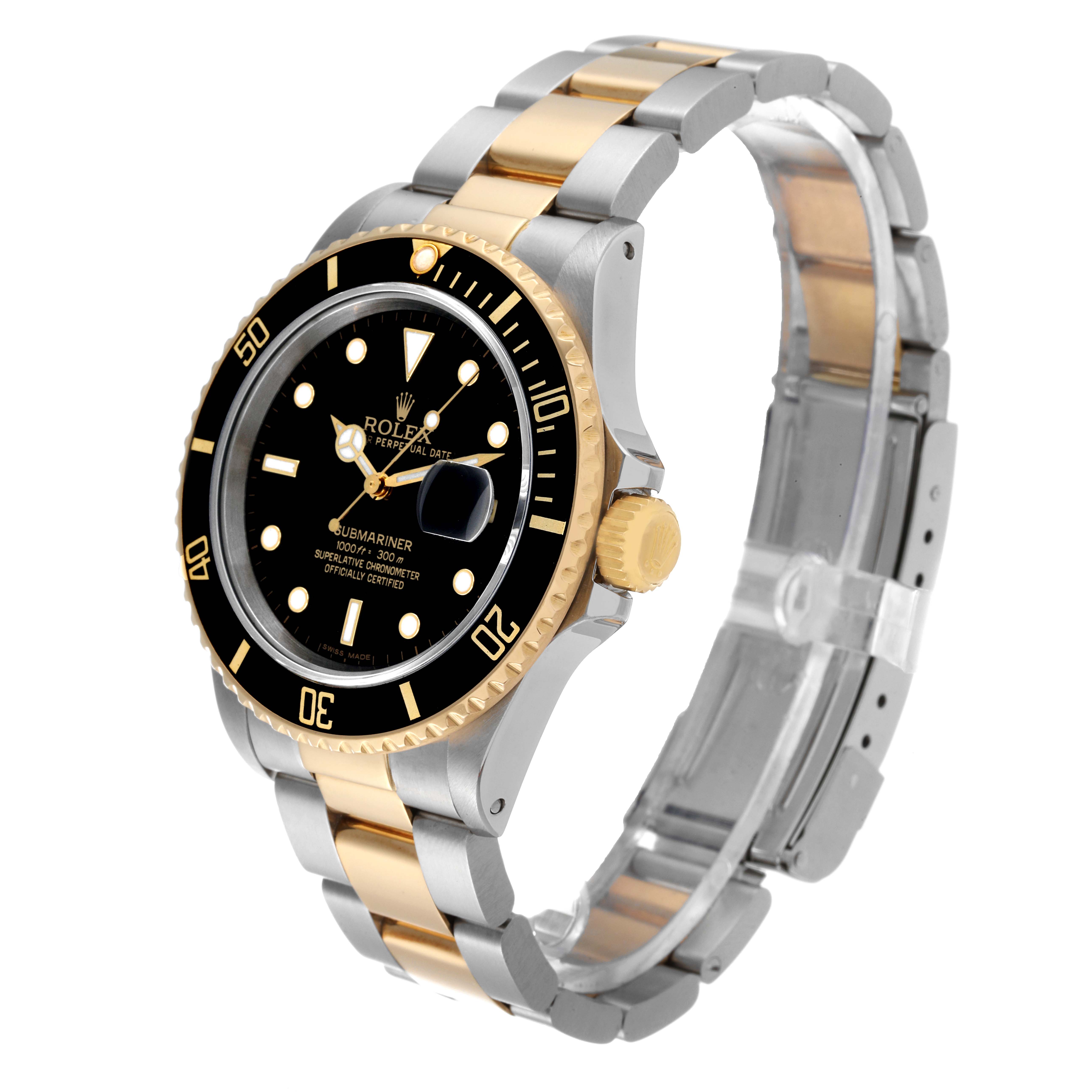The image shows a Rolex Submariner 16803 Men's Steel and Gold (two tone) Black Dial 16803 Men's Steel and Gold (two tone) Black Dial watch at an oblique angle, highlighting its bezel, dial, bracelet, and clasp.