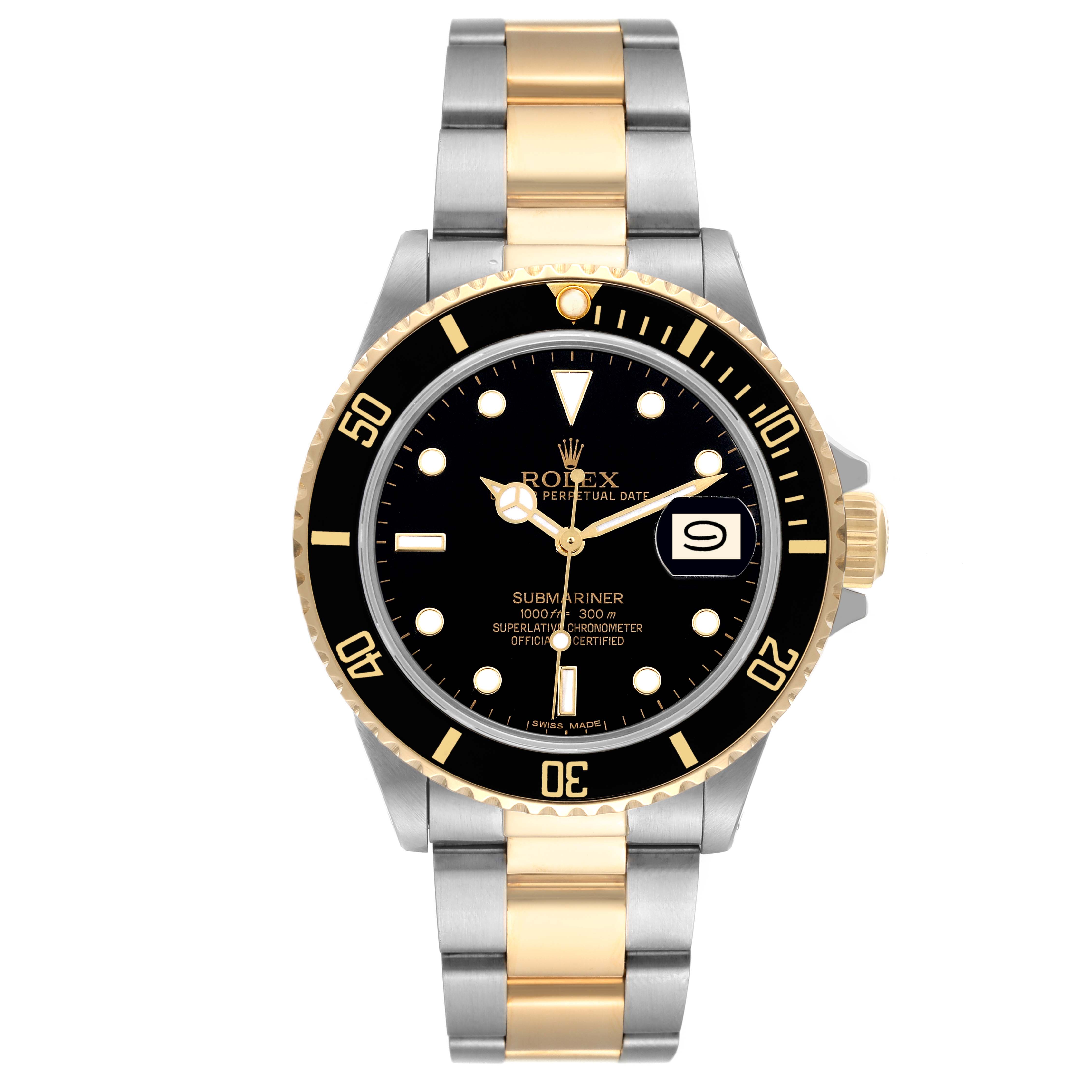 This is a front angle view of a Rolex Submariner 16803 Men's Steel and Gold (two tone) Black Dial 16803 Men's Steel and Gold (two tone) Black Dial, displaying the dial, bezel, bracelet, and crown.