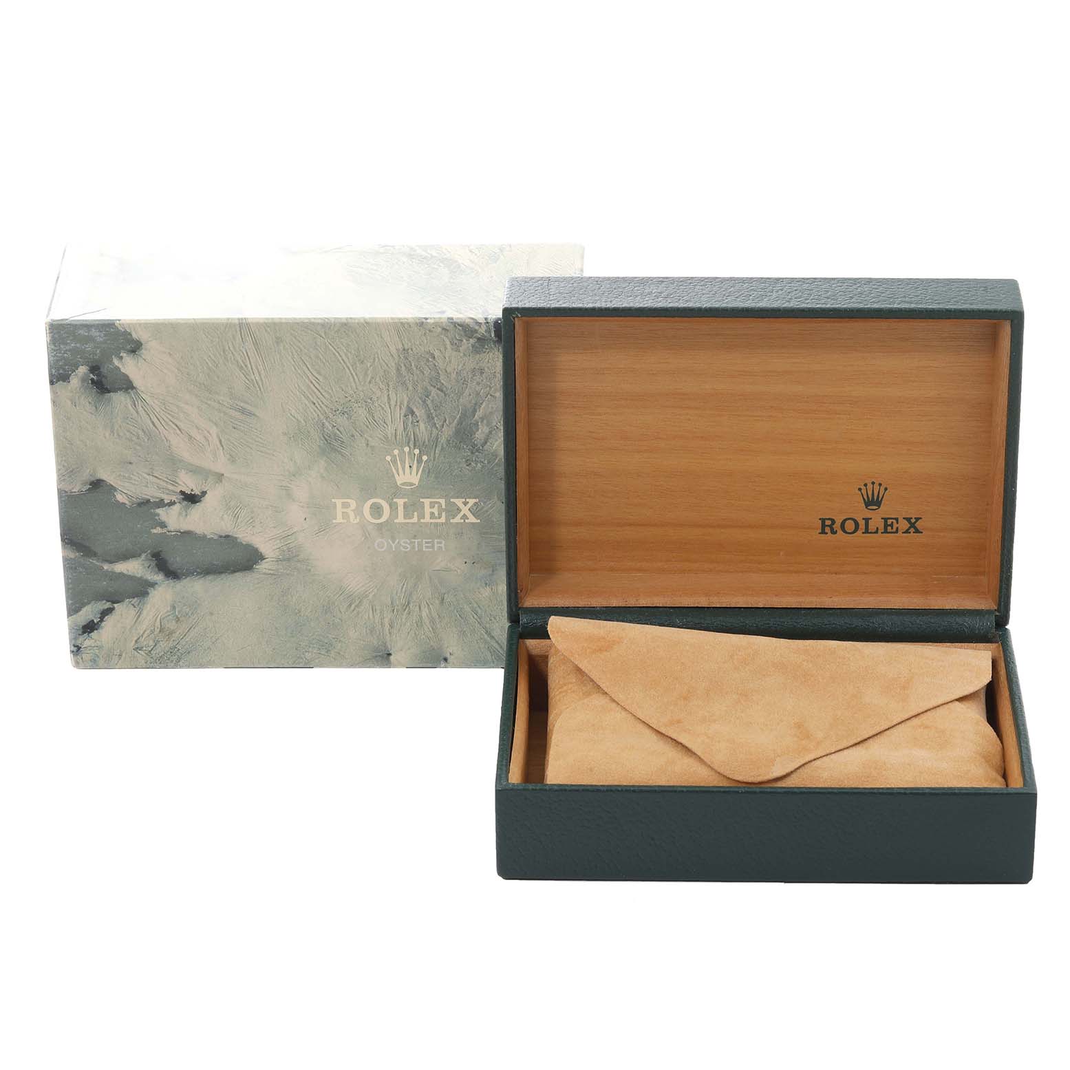 The image shows an open Rolex Submariner 16803 Men's Steel and Gold (two tone) Black Dial 16803 Men's Steel and Gold (two tone) Black Dial watch box with its cover and a suede pouch inside.