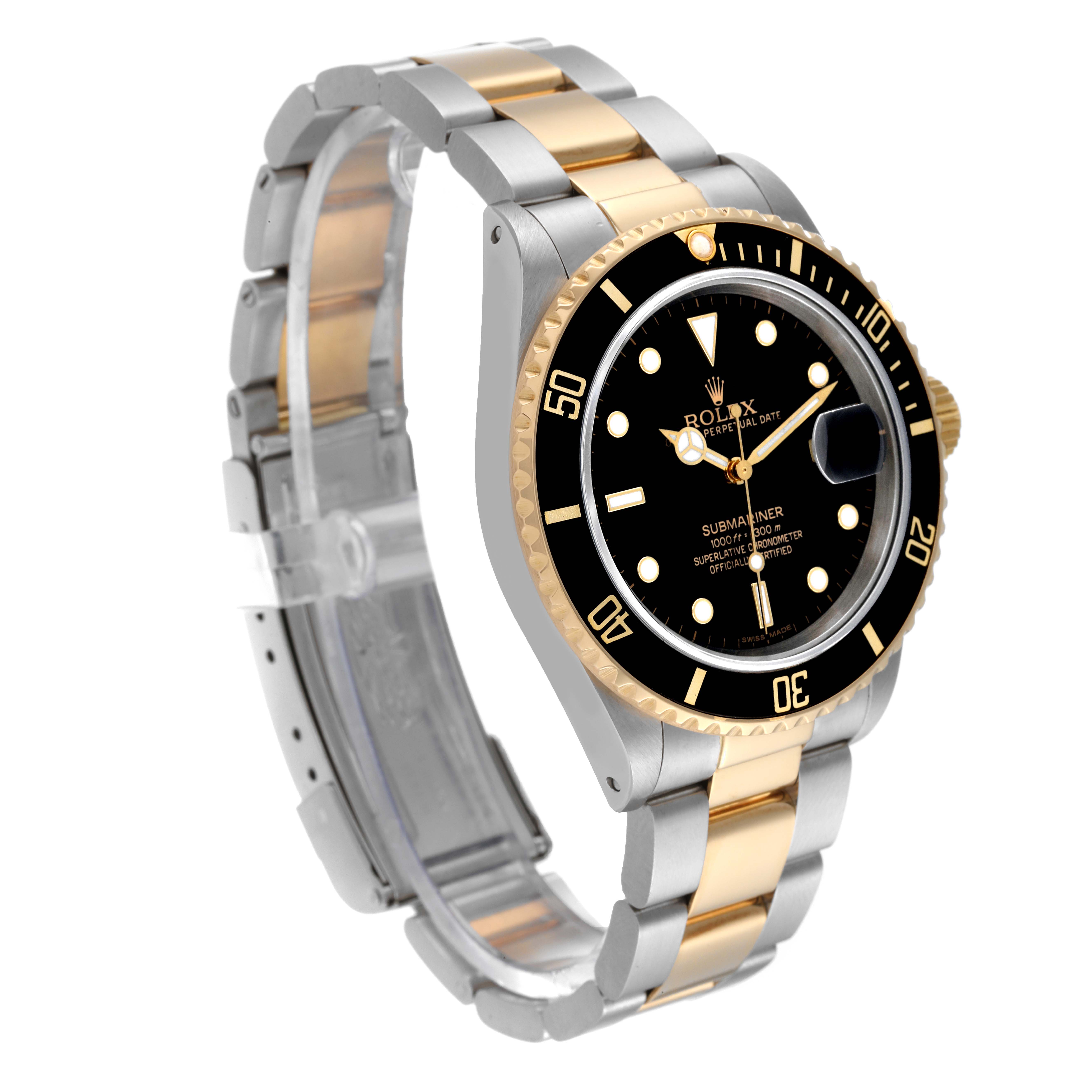 The Rolex Submariner 16803 Men's Steel and Gold (two tone) Black Dial 16803 Men's Steel and Gold (two tone) Black Dial is shown at a three-quarter angle, showcasing the face, bezel, and two-tone metal bracelet.