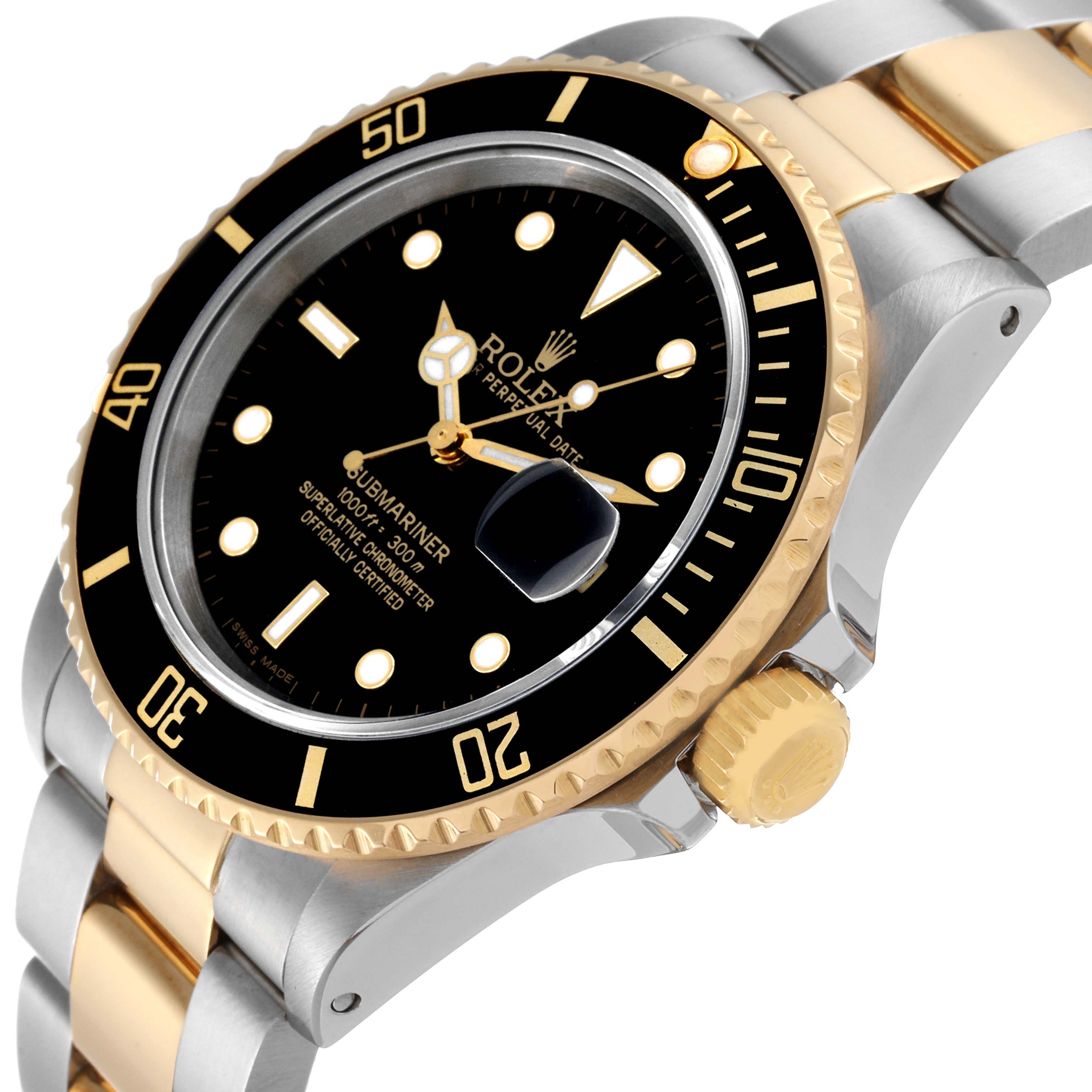 The image shows a close-up angle of the Rolex Submariner 16803 Men's Steel and Gold (two tone) Black Dial 16803 Men's Steel and Gold (two tone) Black Dial watch, highlighting its dial, bezel, crown, and two-tone bracelet.