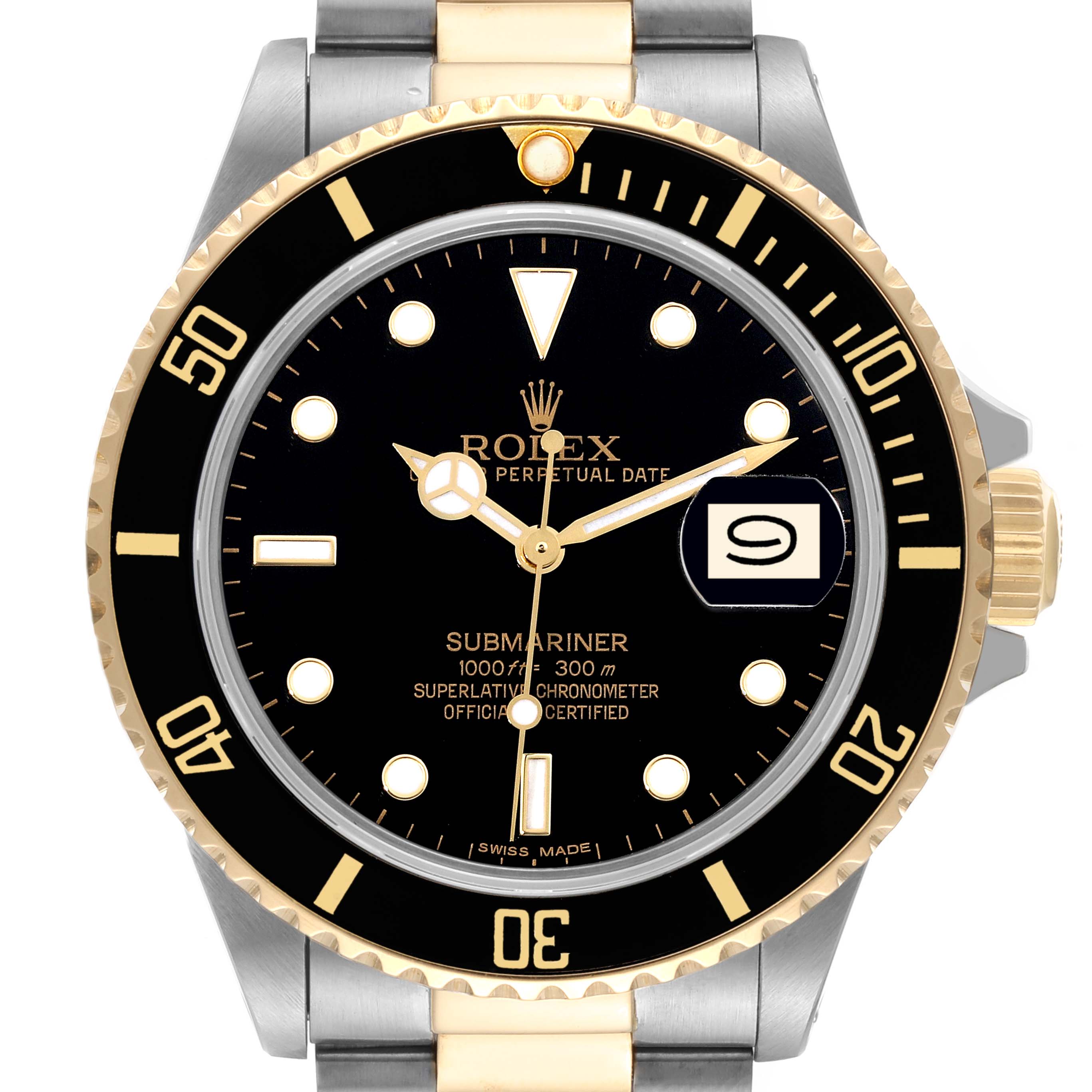 This image shows a front view of a Rolex Submariner 16803 Men's Steel and Gold (two tone) Black Dial 16803 Men's Steel and Gold (two tone) Black Dial watch, highlighting the dial, bezel, and part of the bracelet.