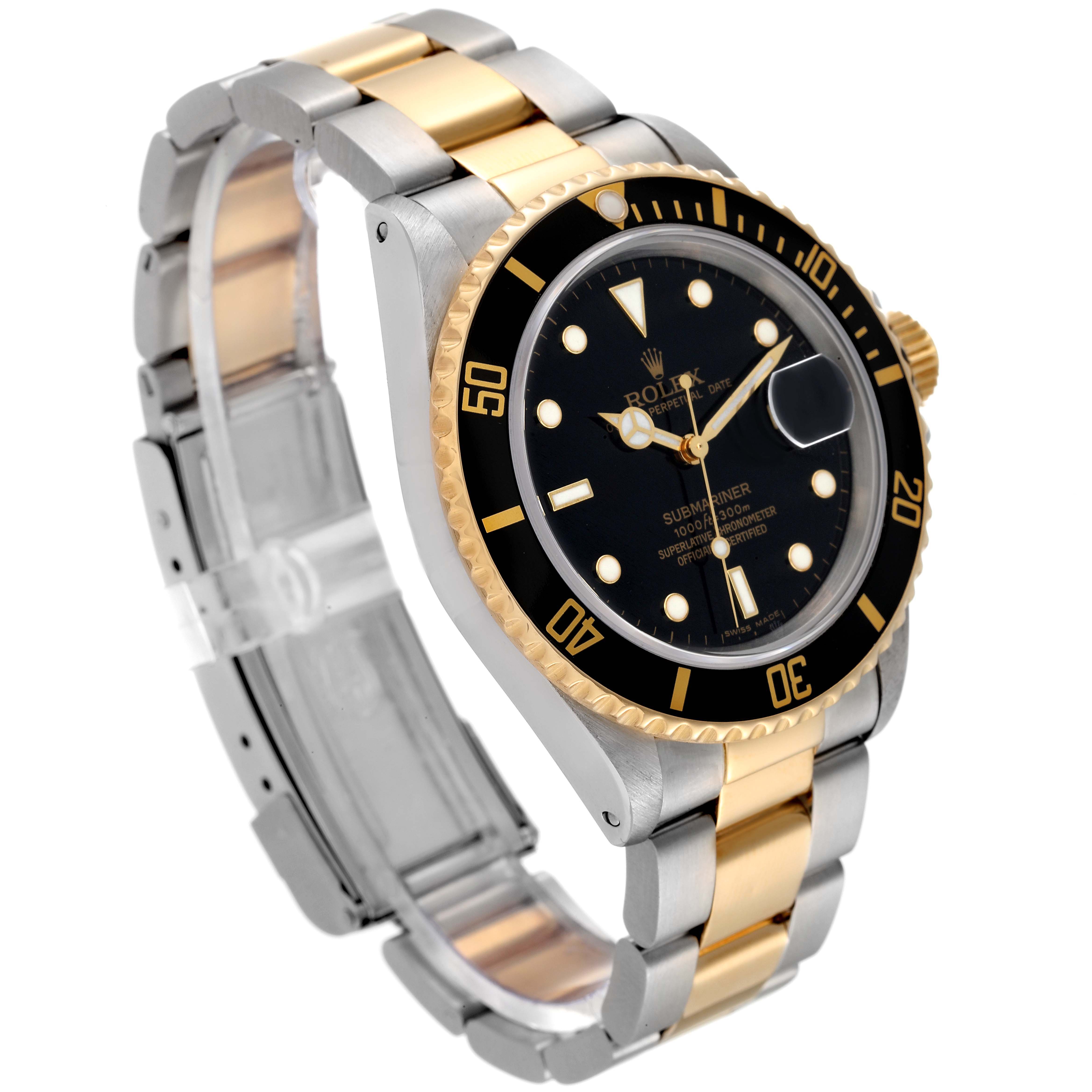 The image shows a side angle of a Rolex Submariner 16803 Men's Steel and Gold (two tone) Black Dial 16803 Men's Steel and Gold (two tone) Black Dial watch, displaying its two-tone metal bracelet, black dial, and bezel.