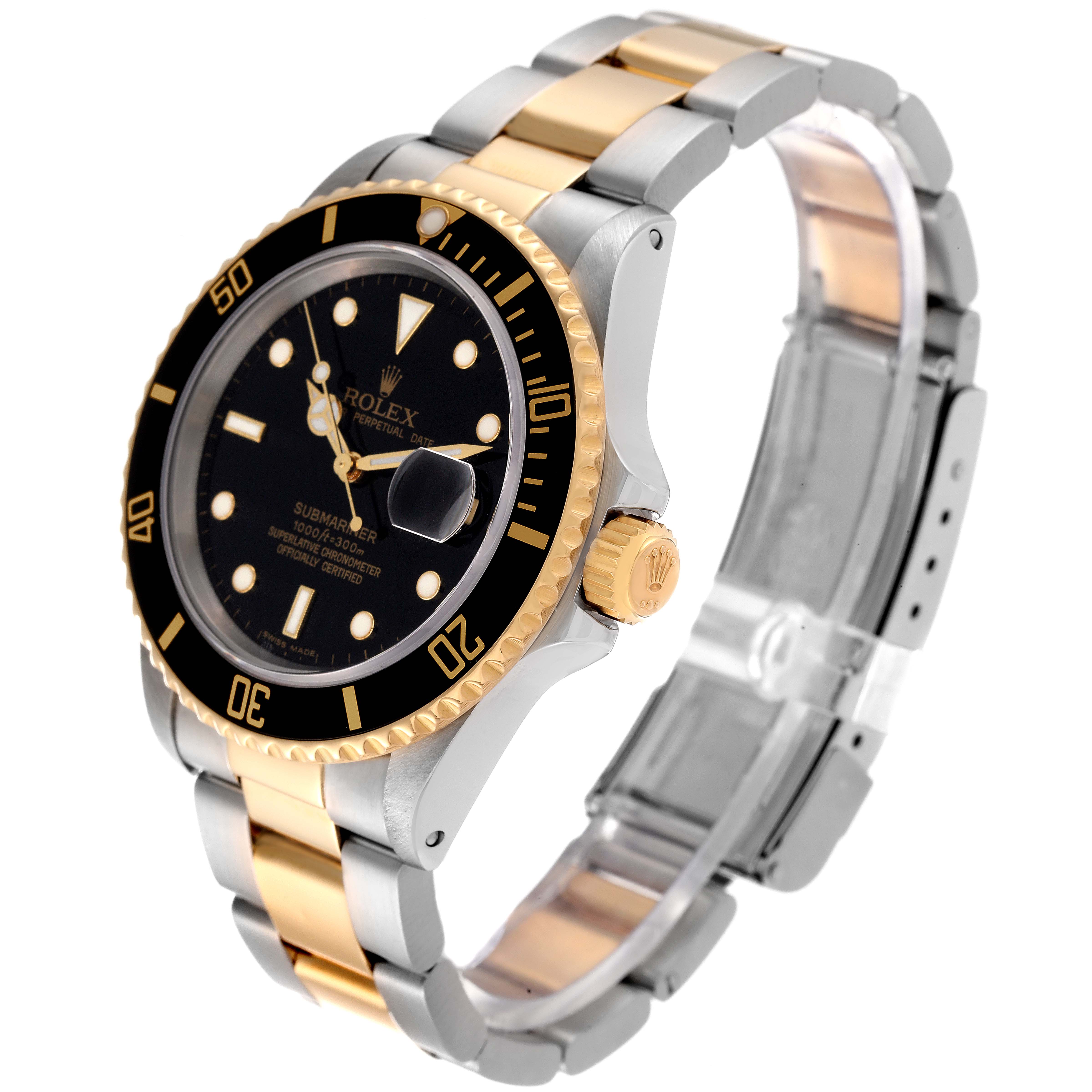 The watch is a Rolex Submariner 16803 Men's Steel and Gold (two tone) Black Dial 16803 Men's Steel and Gold (two tone) Black Dial shown at an angle highlighting the face, bezel, and two-tone bracelet.