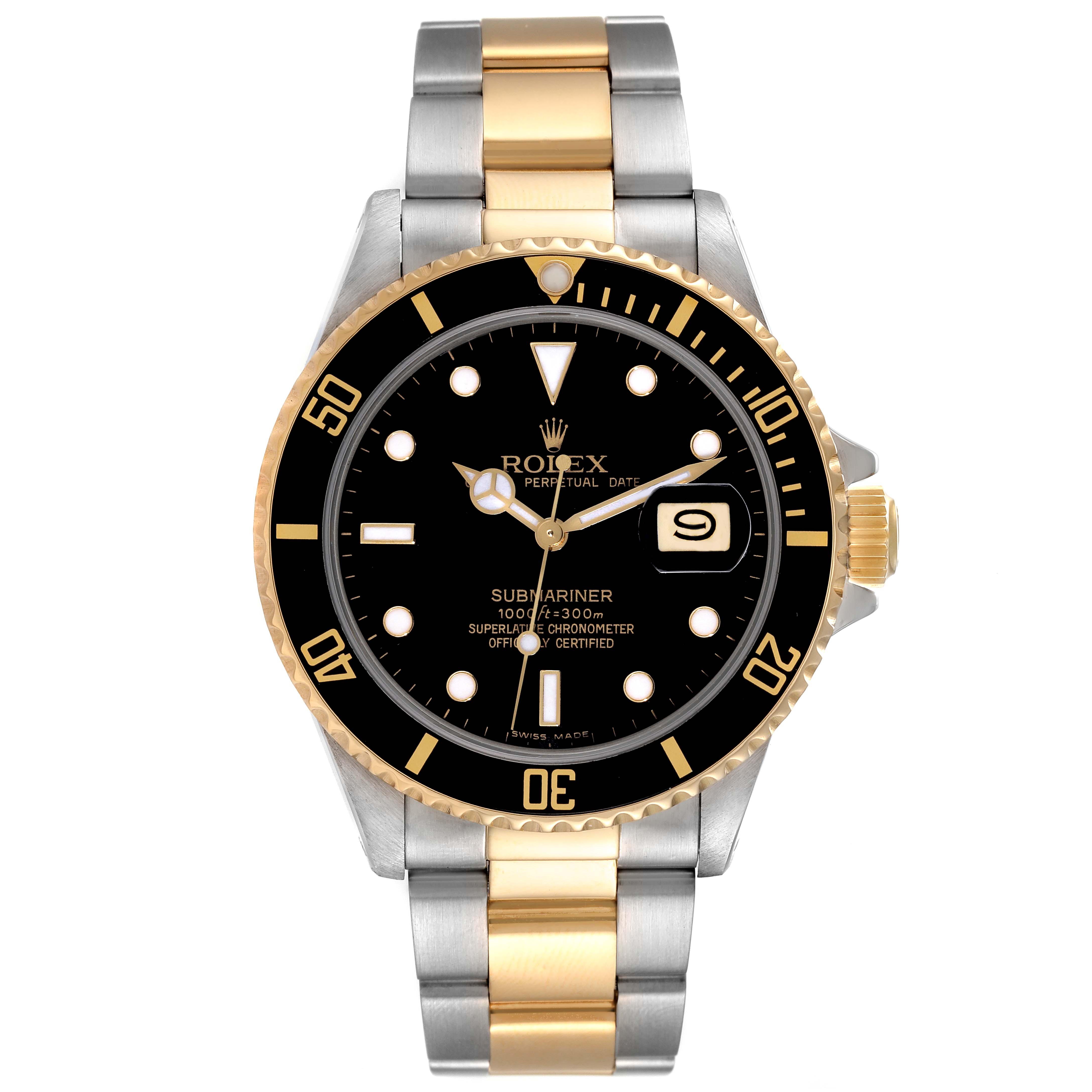 This image shows a frontal view of a Rolex Submariner 16803 Men's Steel and Gold (two tone) Black Dial 16803 Men's Steel and Gold (two tone) Black Dial watch featuring a black dial, gold accents, and a two-tone bracelet.