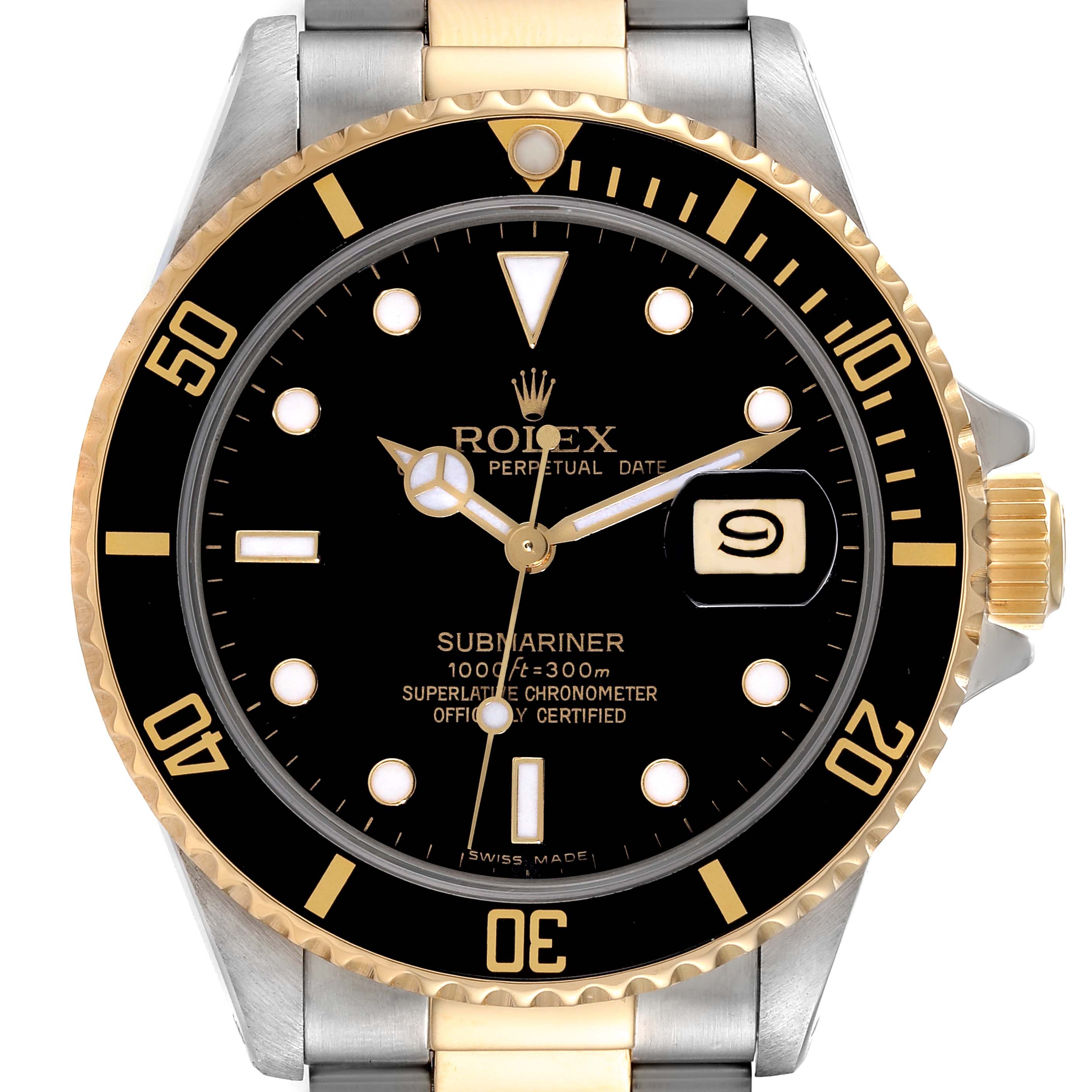 This Rolex Submariner 16803 Men's Steel and Gold (two tone) Black Dial 16803 Men's Steel and Gold (two tone) Black Dial watch is shown from a front angle, displaying the dial, hands, bezel, and part of the bracelet.