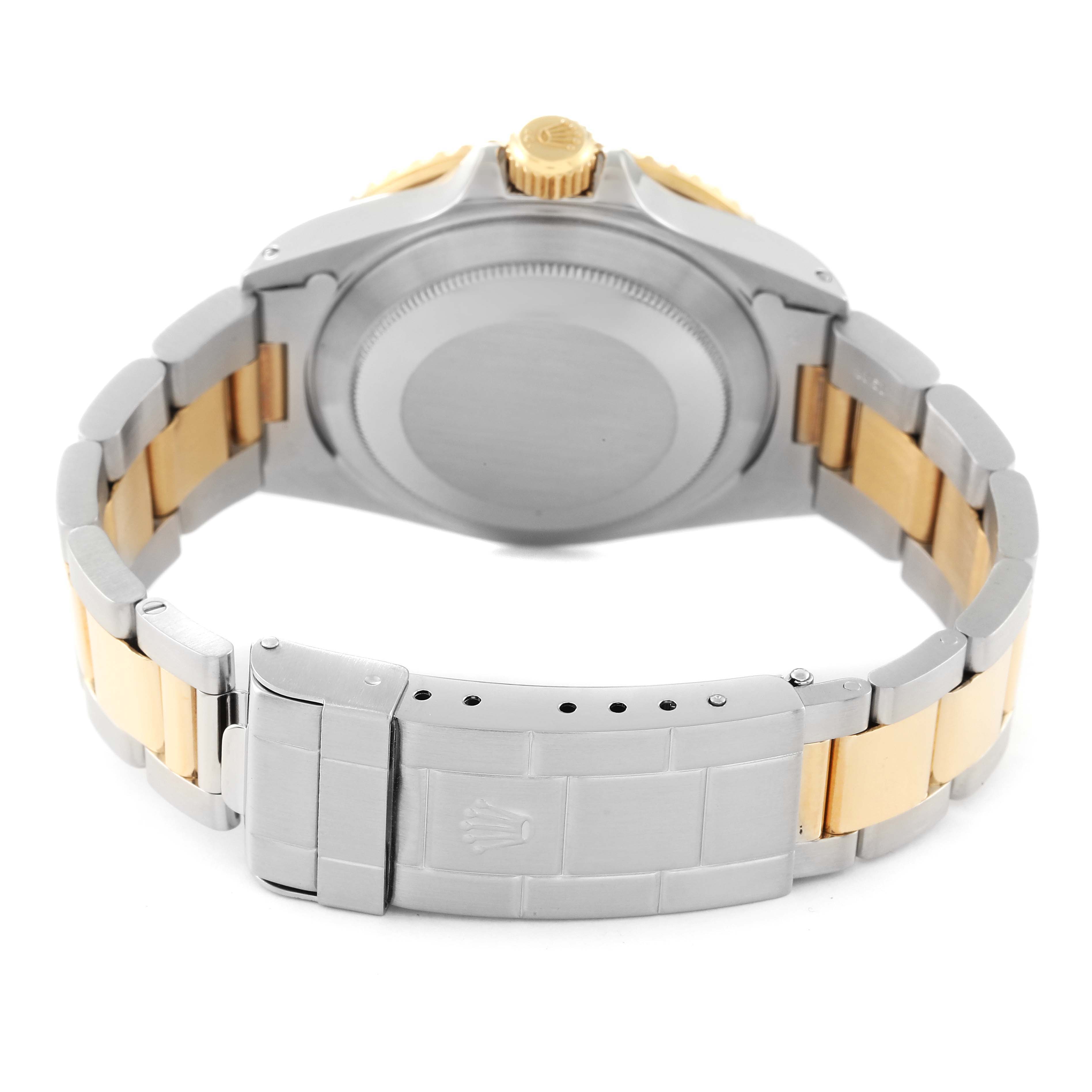 This image shows the back view of a Rolex Submariner 16803 Men's Steel and Gold (two tone) Black Dial 16803 Men's Steel and Gold (two tone) Black Dial watch, focusing on its stainless steel and gold bracelet and clasp.