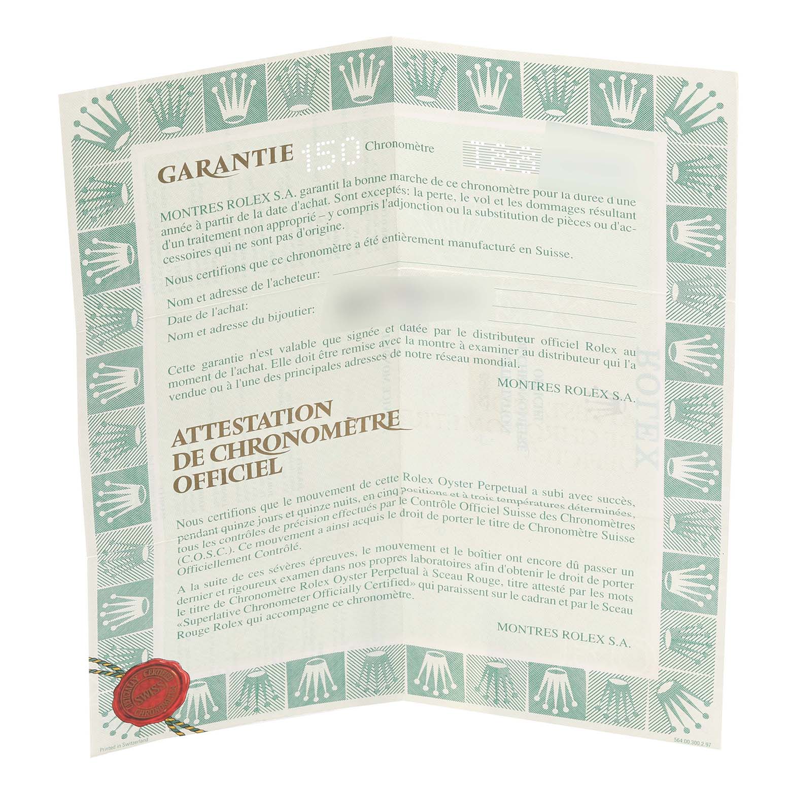 This image shows the open warranty and official chronometer certification for a Rolex Yacht-Master 69623 Women's Steel and Gold (two tone) White Dial 69623 Women's Steel and Gold (two tone) White Dial watch.