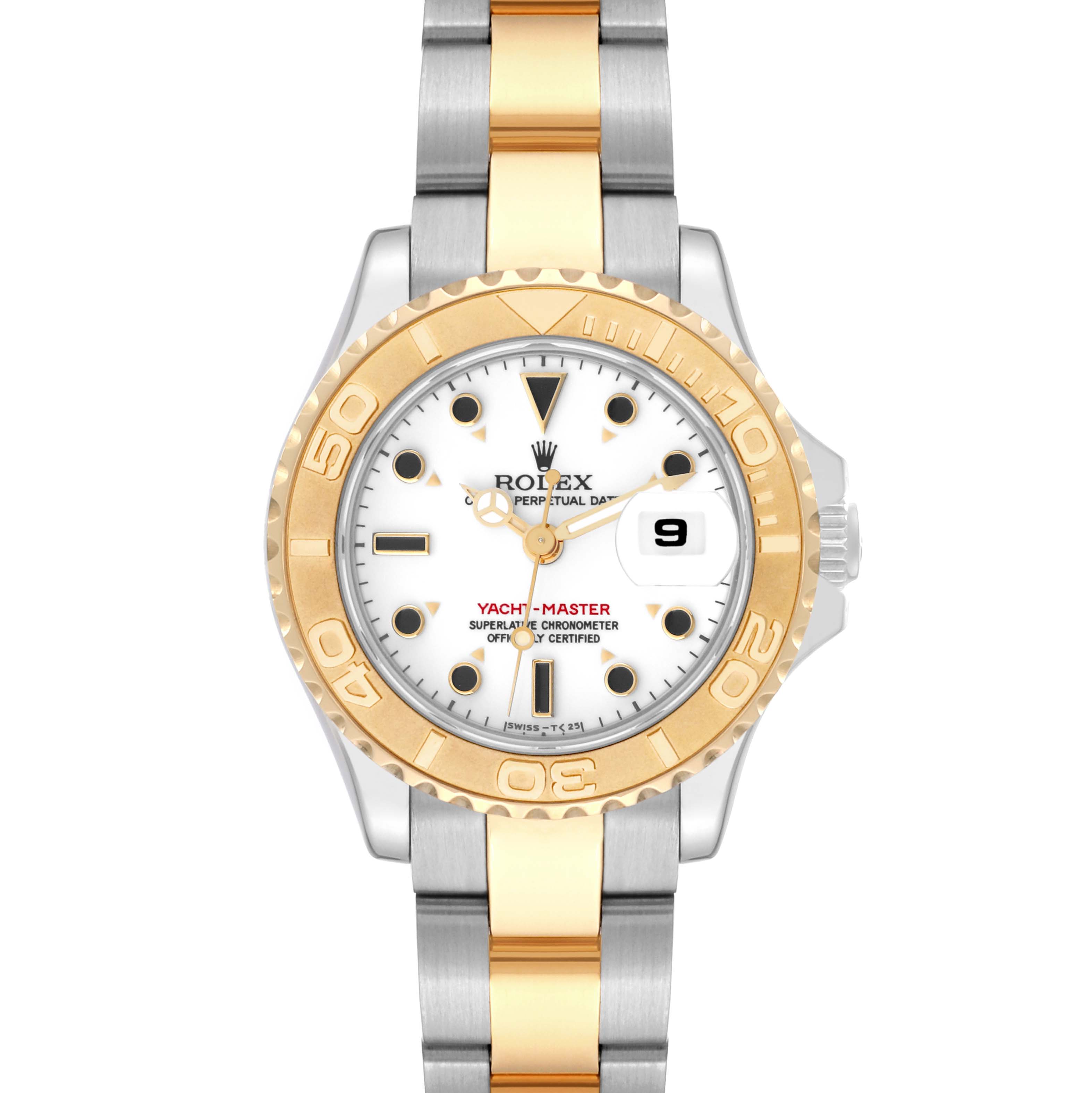 The Rolex Yacht-Master 69623 Women's Steel and Gold (two tone) White Dial 69623 Women's Steel and Gold (two tone) White Dial watch is shown from a top-down angle, displaying its bezel, dial, and bracelet.