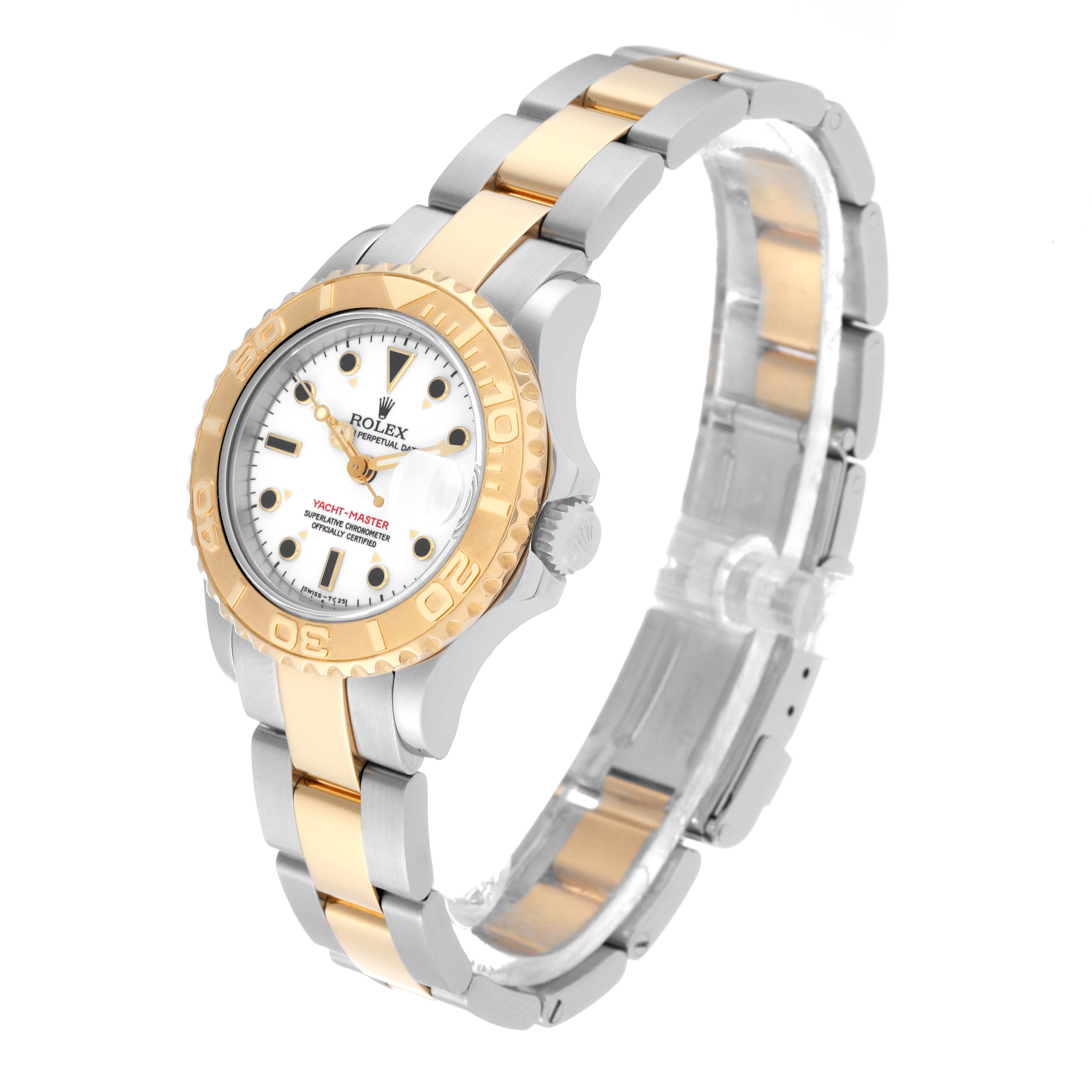 The Rolex Yacht-Master 69623 Women's Steel and Gold (two tone) White Dial 69623 Women's Steel and Gold (two tone) White Dial watch is shown at a three-quarter angle, displaying the face, bezel, crown, and bracelet.