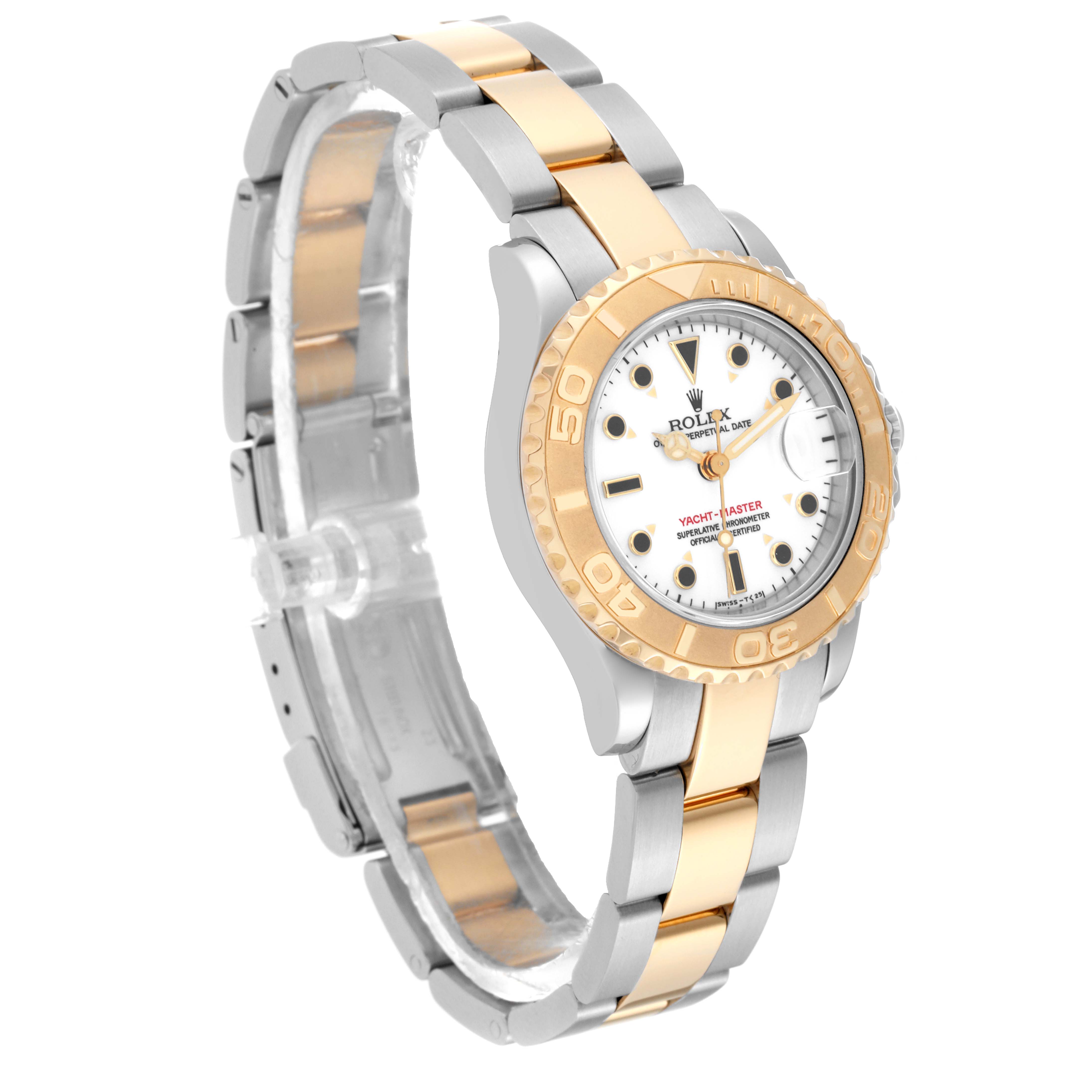 This image shows a side-angle view of the Rolex Yacht-Master 69623 Women's Steel and Gold (two tone) White Dial 69623 Women's Steel and Gold (two tone) White Dial, highlighting its two-tone bracelet and bezel.