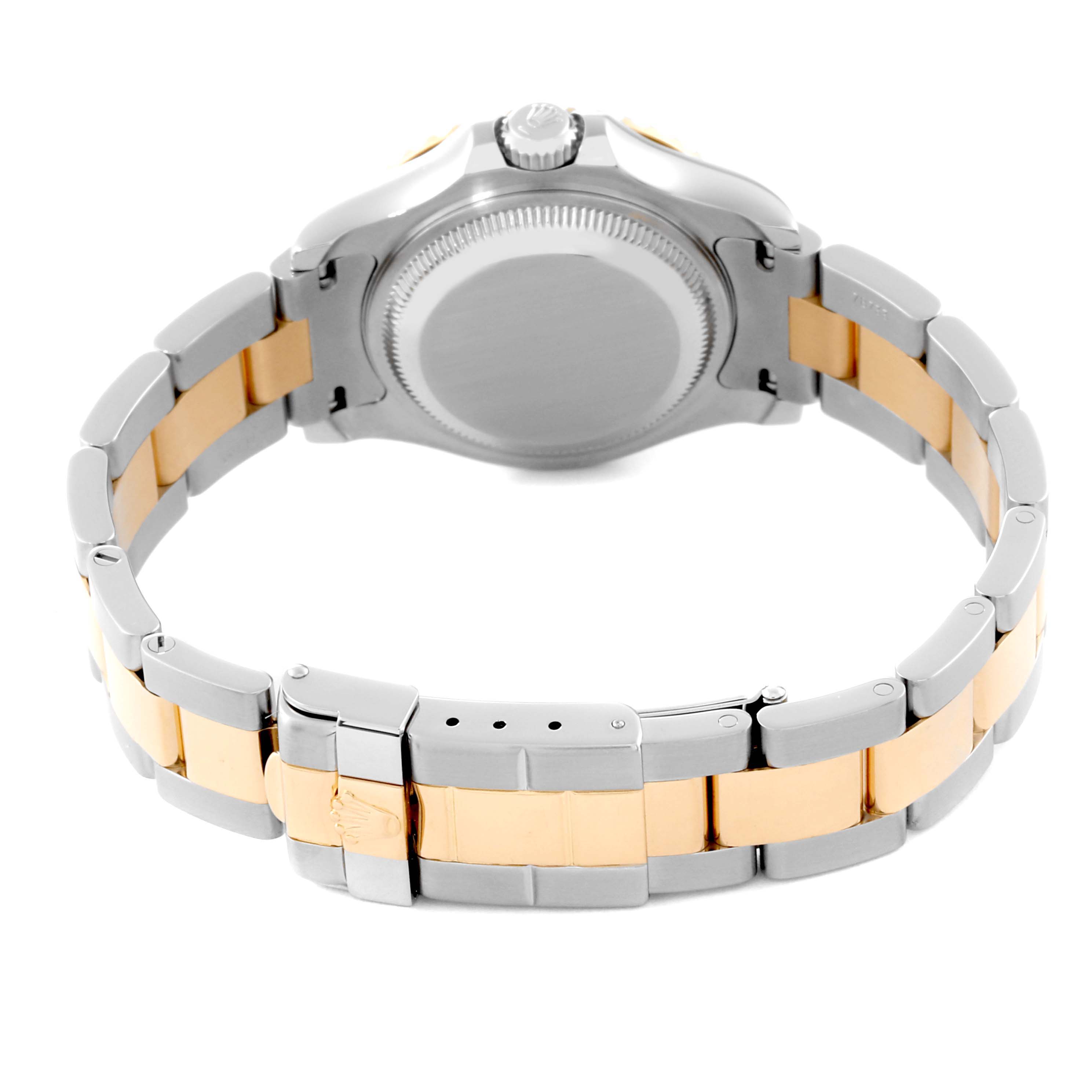 The image shows the rear view of a Rolex Yacht-Master 69623 Women's Steel and Gold (two tone) White Dial 69623 Women's Steel and Gold (two tone) White Dial watch highlighting its bracelet and case back.