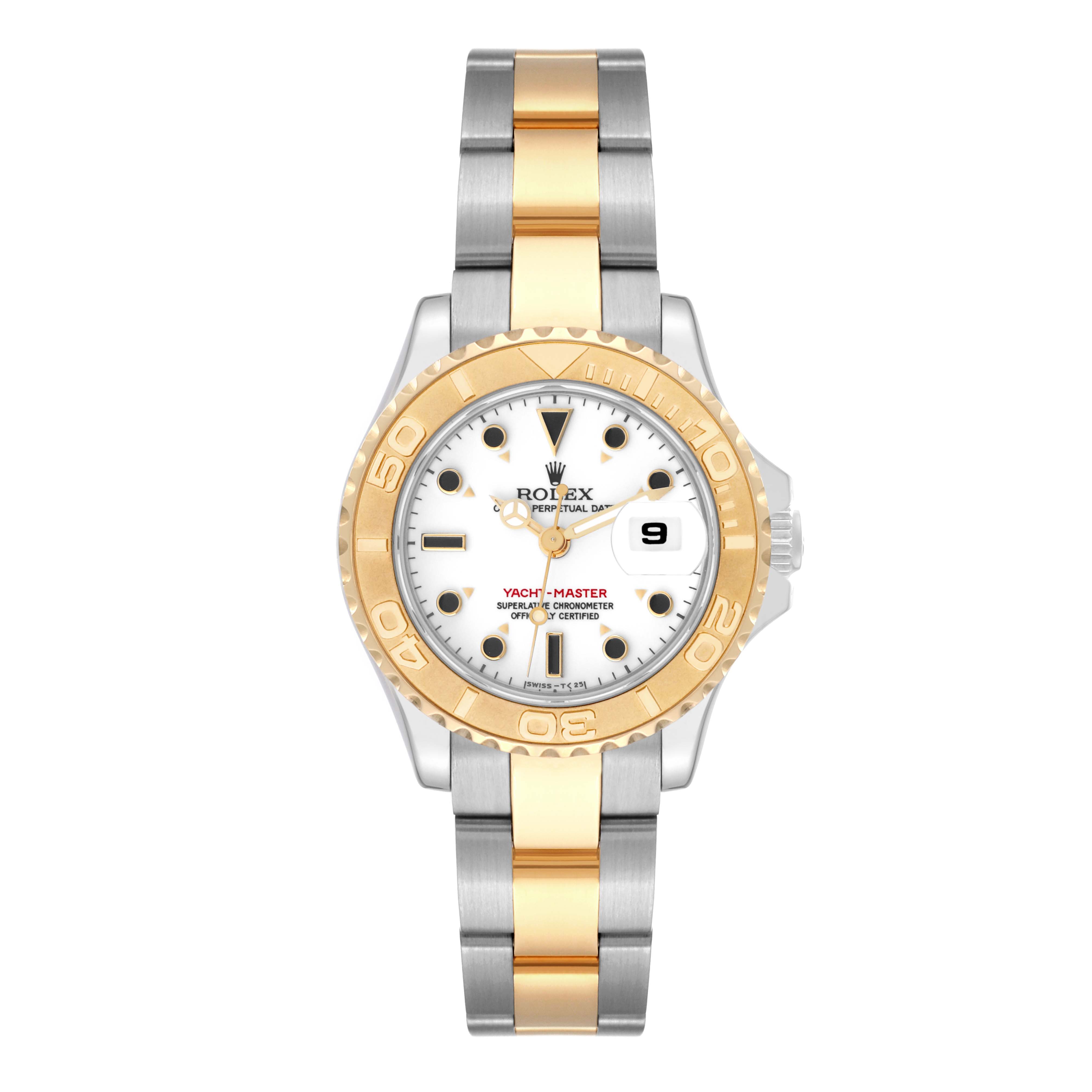 This image shows a front view of the Rolex Yacht-Master 69623 Women's Steel and Gold (two tone) White Dial 69623 Women's Steel and Gold (two tone) White Dial watch, displaying the dial, bezel, and two-tone bracelet.