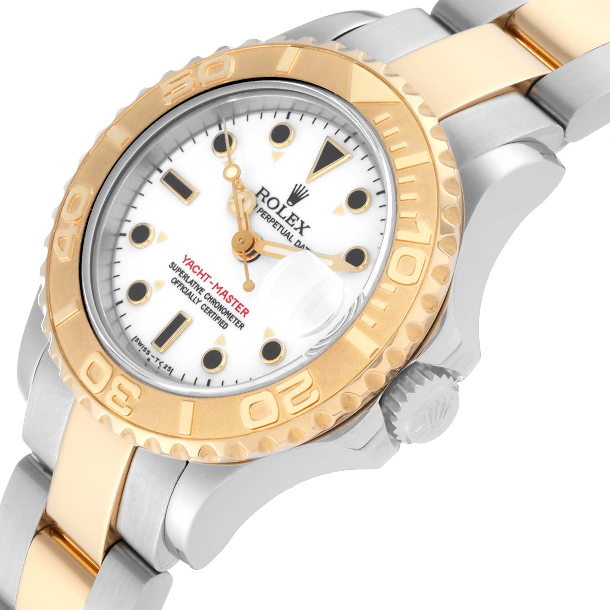 The image shows a close-up of a Rolex Yacht-Master 69623 Women's Steel and Gold (two tone) White Dial 69623 Women's Steel and Gold (two tone) White Dial watch, highlighting its bezel, dial, case, and bracelet.